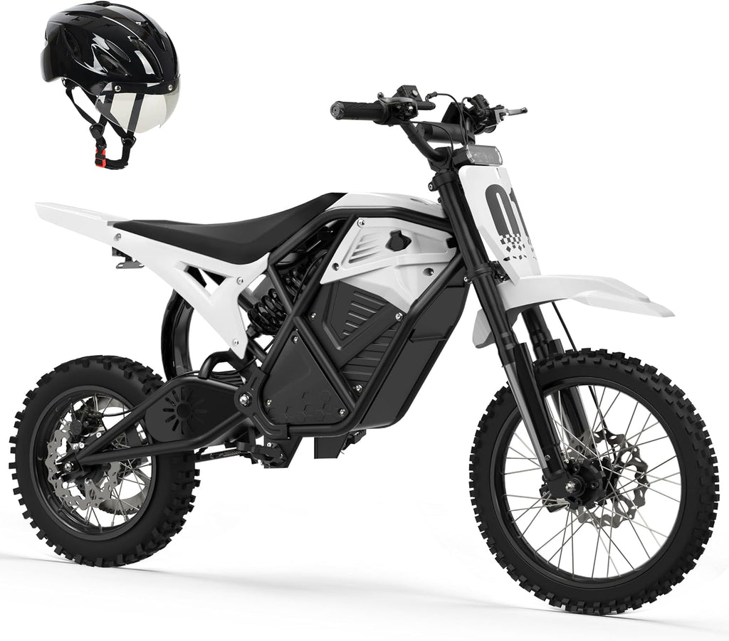 ESKUTE Electric Dirt Bike for Teens Adults, Mid-Drive Motor 3500W Peak, Electric Motorcycle 48V23Ah Battery, Hydraulic Brake，53Mile,38mph, Hydraulic Nitrogen Shock Absorbers, White with Helmet