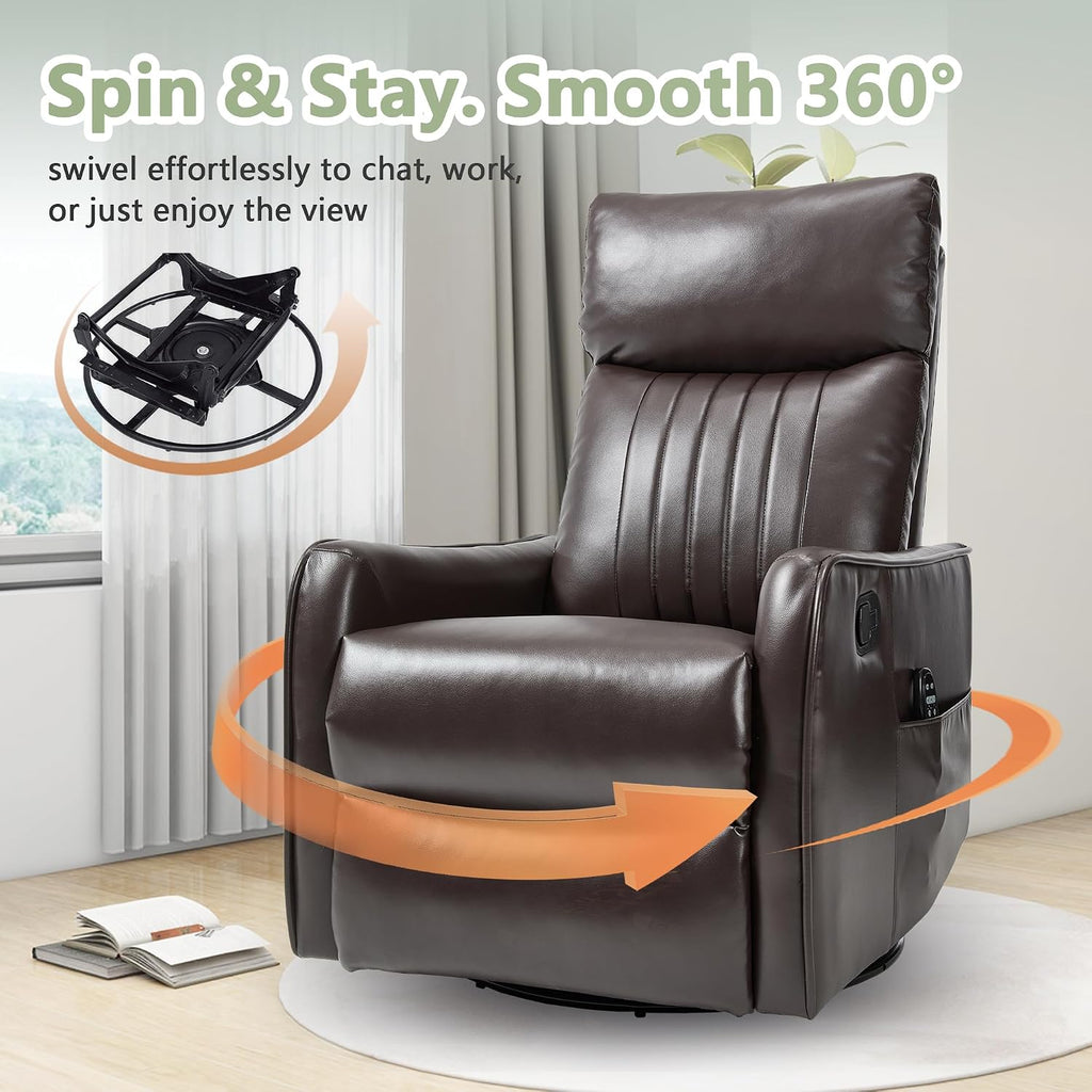 cinkehome Swivel Rocker Recliner, Glider Rocker Recliner Chair for Nursery, Manual Reclining Chair with Heated Massage, Small Spaces, Living Room, Faux Leather Brown
