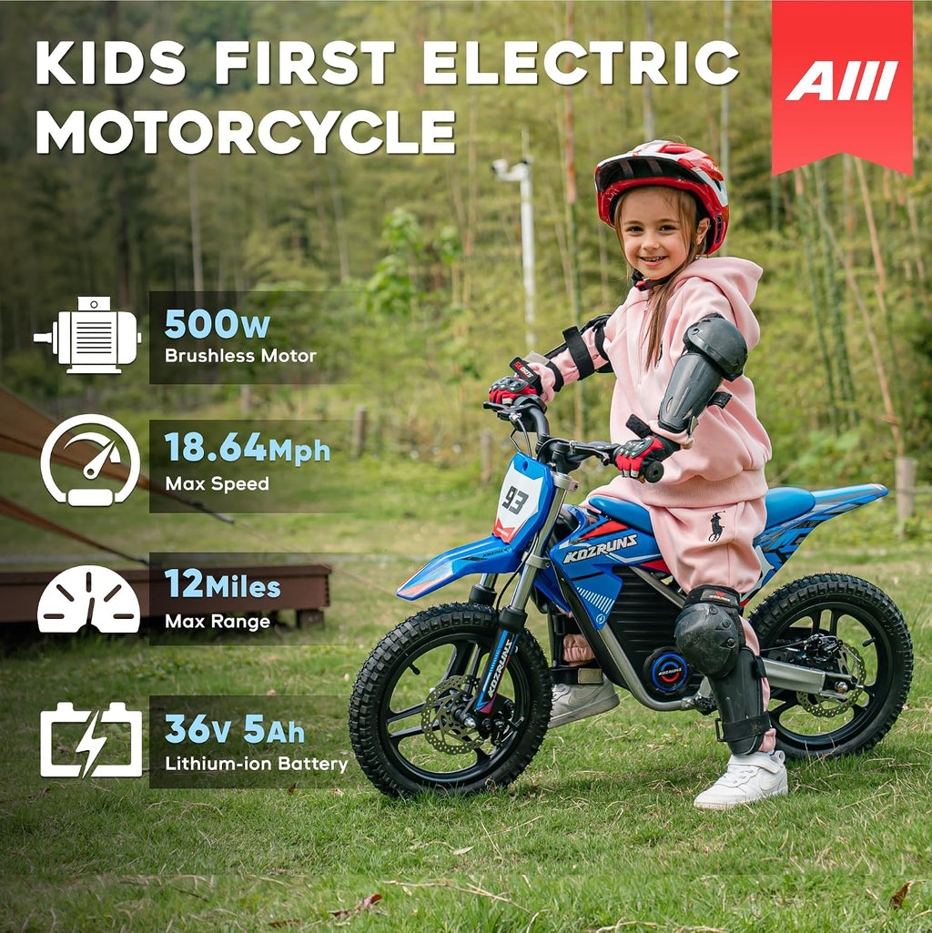 AIII 36V Electric Dirt Bike for Kids 5-10, High Performance 350W Racing Grade Motorcycle, Up to 18.6MPH, 3 Speed Settings, 14-Inch Off-Road Tires, Dual Disc Brakes & Advanced Shock Absorption, Blue