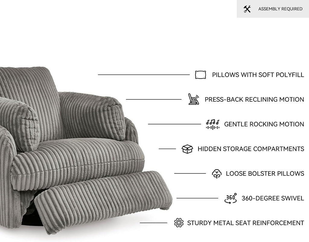 Signature Design by Ashley Tie-Breaker Swivel Glider Recliner, 2 Bolster Pillows, Hidden Storage, Fabric Upholstery, 41.38' W x 40.25' D x 39.75' H, Light Gray
