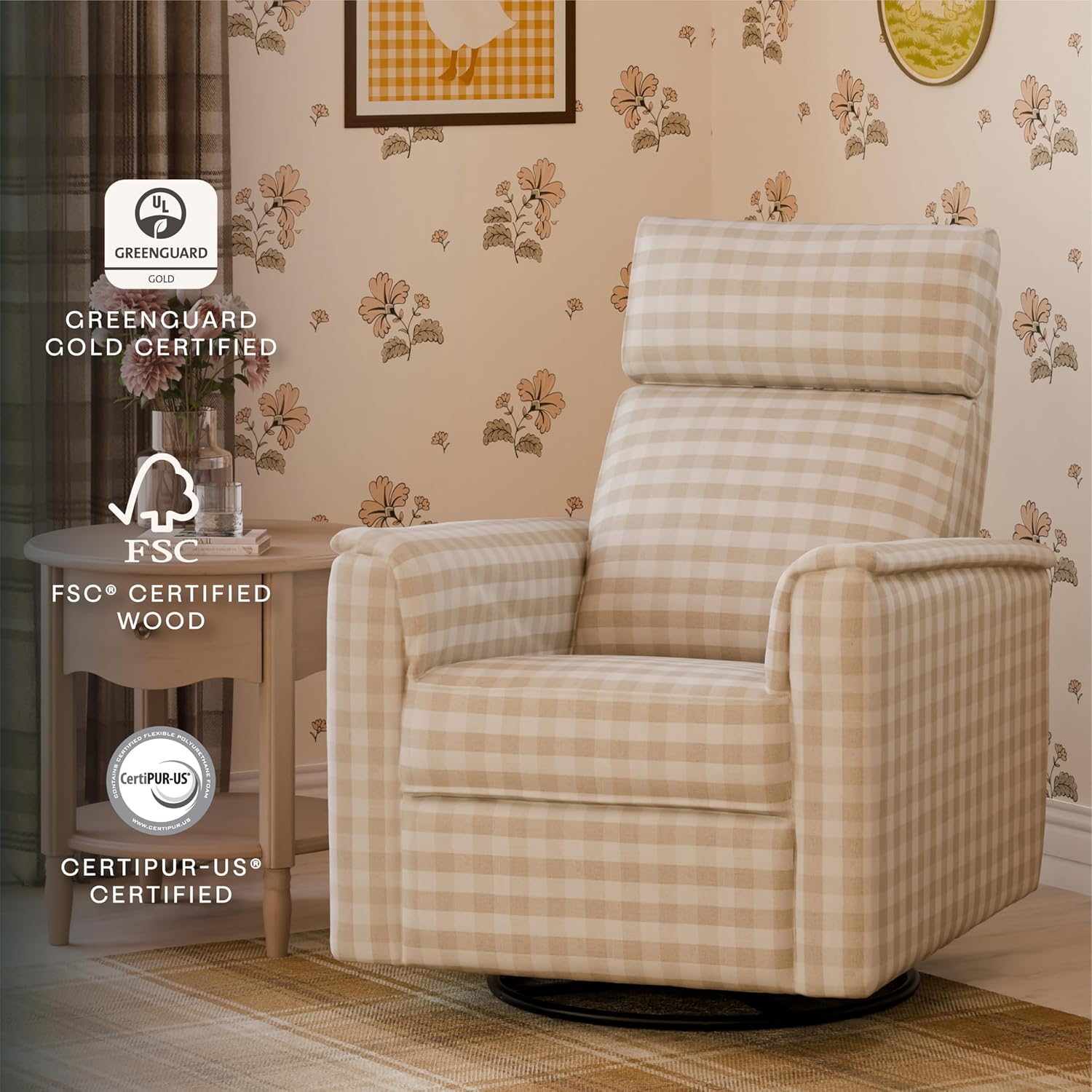 Namesake Willa Pro Power Recliner and Swivel Glider in Tan Gingham, Built-in USB Charging Port, Under Chair Light, Adjustable Headrest and Lumbar Support | Greenguard Gold and CertiPUR-US® Certified