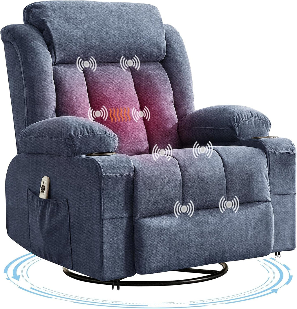 Oversized Swivel Rocker Recliner Chair with Heat & Massage, 3-Position Adjustable Nursery Recliner for Adults, Dual Cup Holders, Side Pockets, USB Charging Ports Blue
