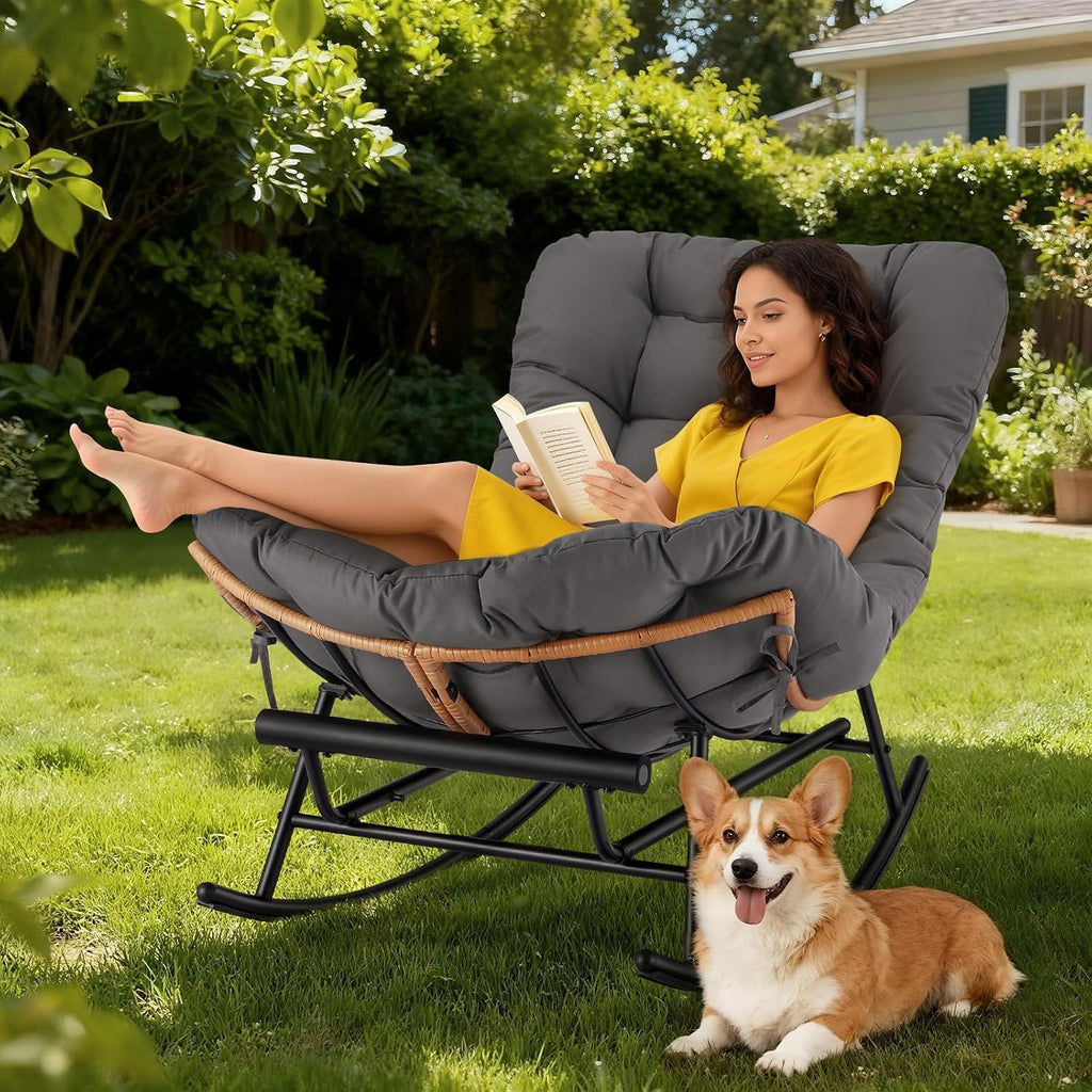 Takywep Rocking Chair - Oversized Outdoor Rocking Chairs with Footrest, Indoor Papasan Rocker Egg Chair for Bedroom, Living Room, Porch, Garden, Lawn (Dark Gray-Polyester)
