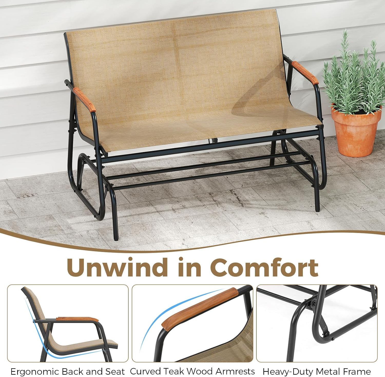 Tangkula 2-Person Outdoor Glider Bench, Patio Gliding Loveseat with Breathable Fabric Seat, Curved Teak Wood Armrests and Metal Frame, Swing Rocking Chair for Backyard, Garden, Porch, Balcony (2 Seat)