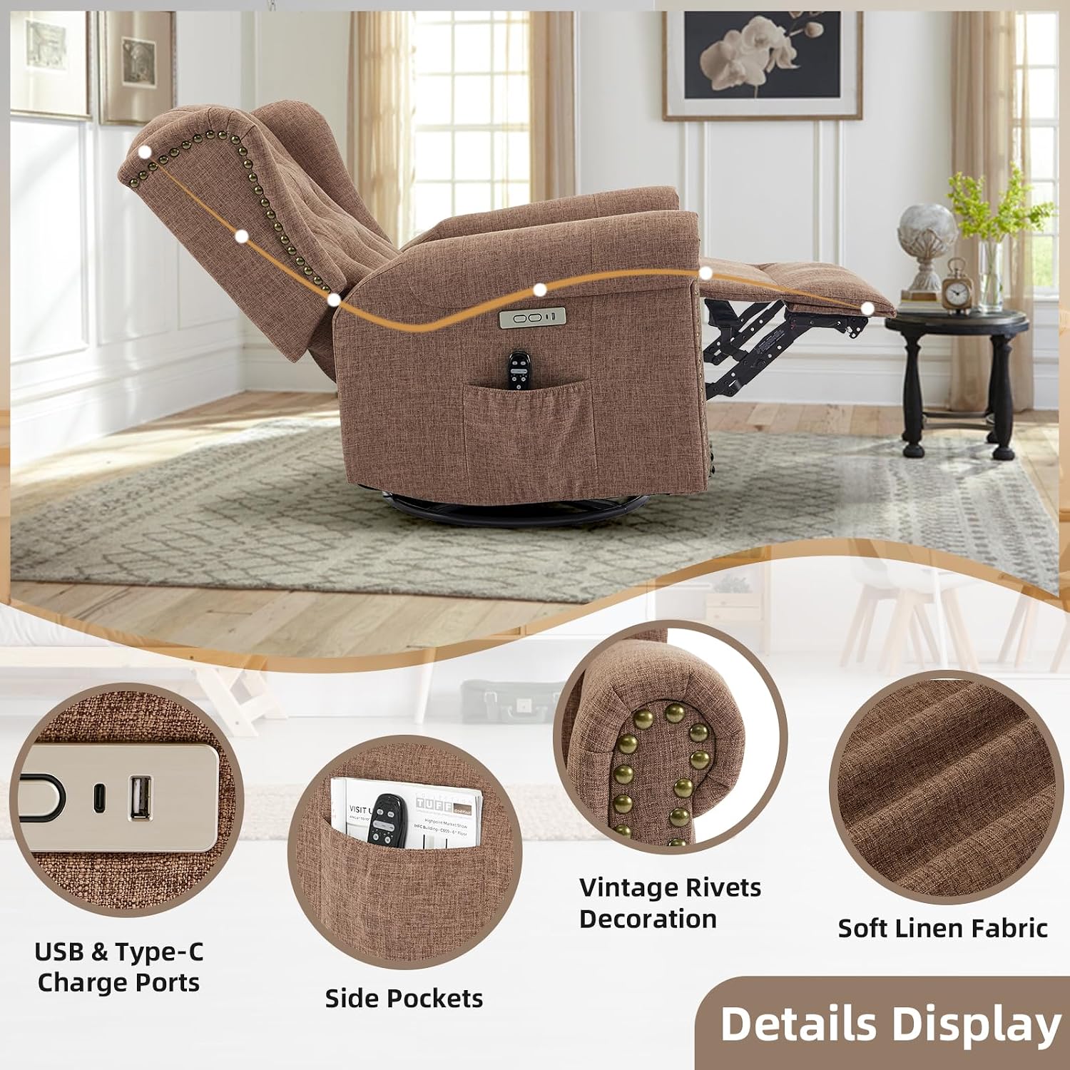 Power Swivel Rocking Glider Recliner Chair with Massage and Heat, Electric Nursery Glider Rocker for Living Room, Wingback Tufted Upholstered Recliner Chair with Type-C & USB Ports, Brown