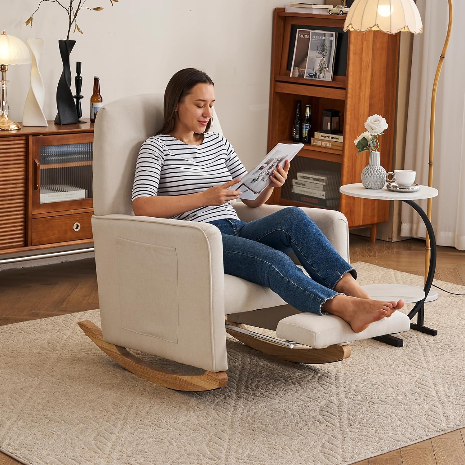 Rocking Chair Nursery with Foot Rest, Nursing Rocking Chair with High Backrest, Glider Rocker Chair for Living Room, Bedroom, Nursery(Cotton Linen Beige)