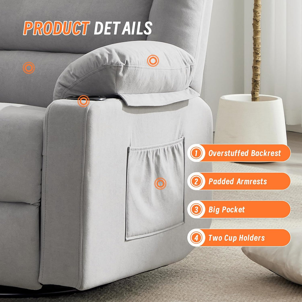 360°Swivel Rocker Recliner Chair for Adults,Manual Glider Recliner Sofa with Massage and Heating, Nursery Rocking Chairs with Cup Holds for Living Room Bedroom (Light Gray)