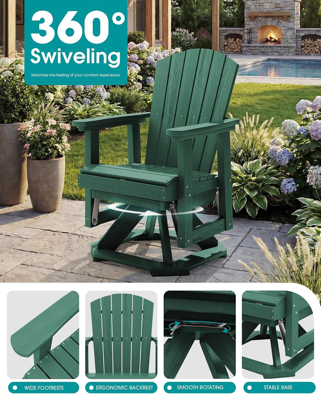 SERWALL Adirondack Swivel Glider Chair, HDPE Patio Glider Set of 2, All-Weather Glider Chair for Porch, Balcony, Green