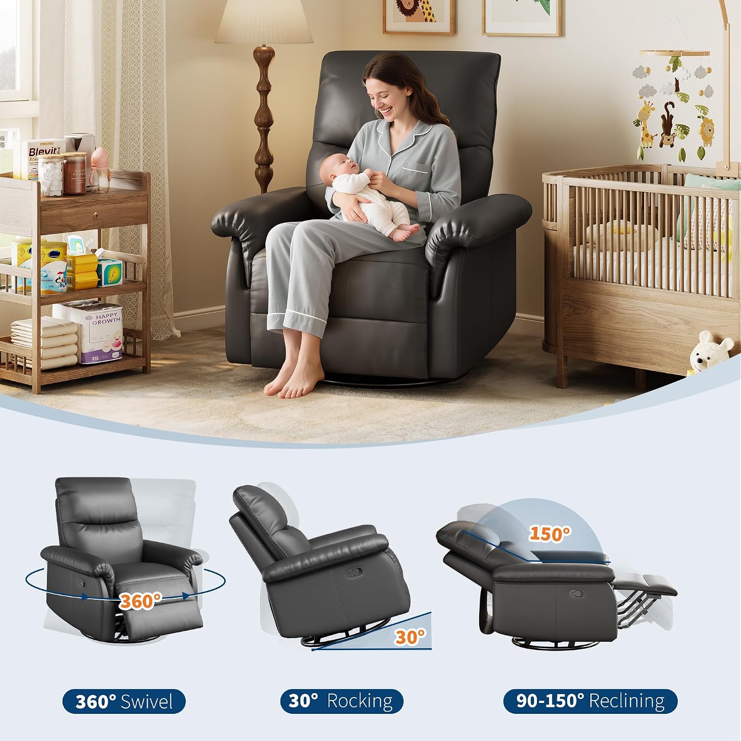 IDEALHOUSE Manual Recliner Chair, 360° Swivel Rocker Glider Recliner with Padded Armrests, Modern PU Leather Upholstered Reclining Chair for Living Room Bedroom and Nursery (Dark Black)