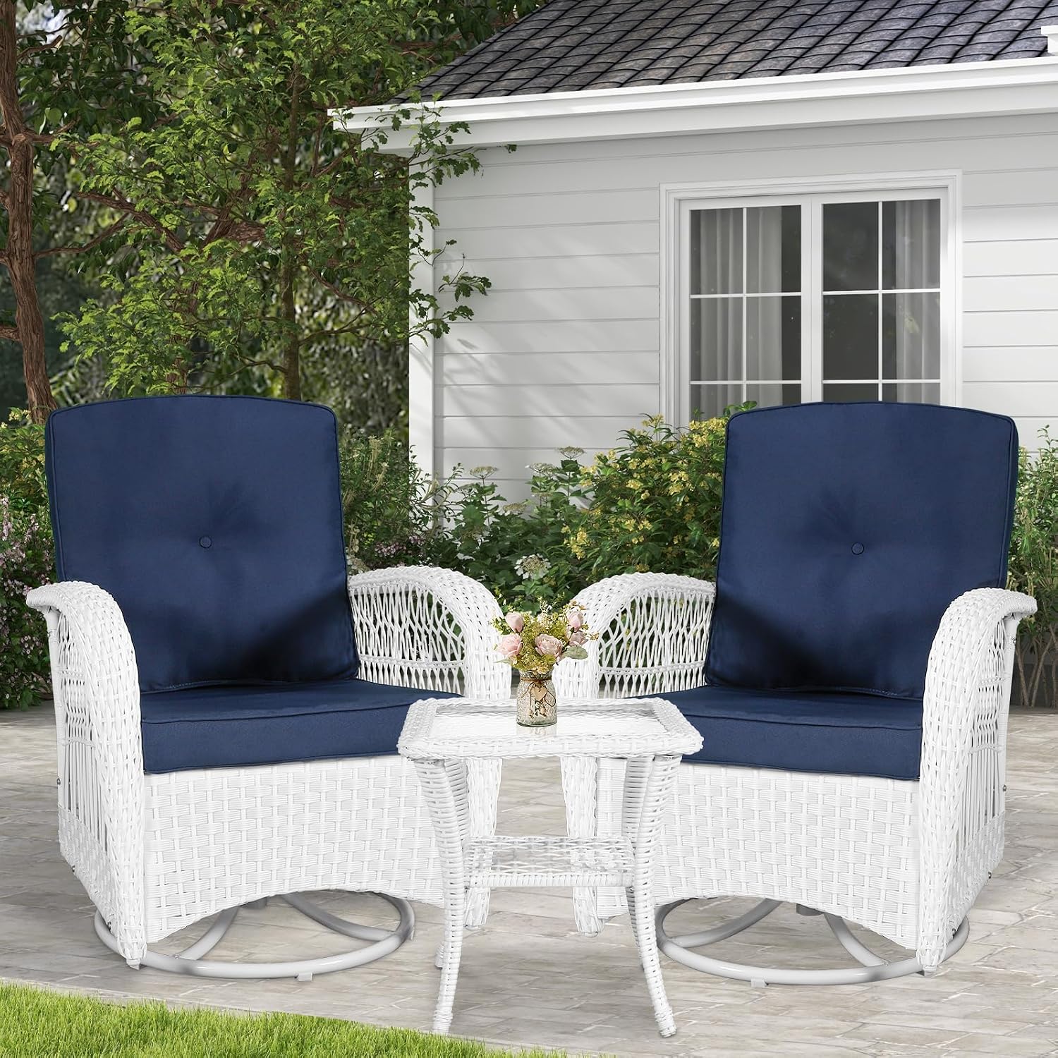 VIVIJASON 3-Piece Outdoor Conversation Bistro Set, Patio Swivel Glider Rocking Chairs Rattan Furniture Sets w/ 2 White Rattan Chairs, Glass Top Side Table for Porch Backyard, Navy Blue Cushions