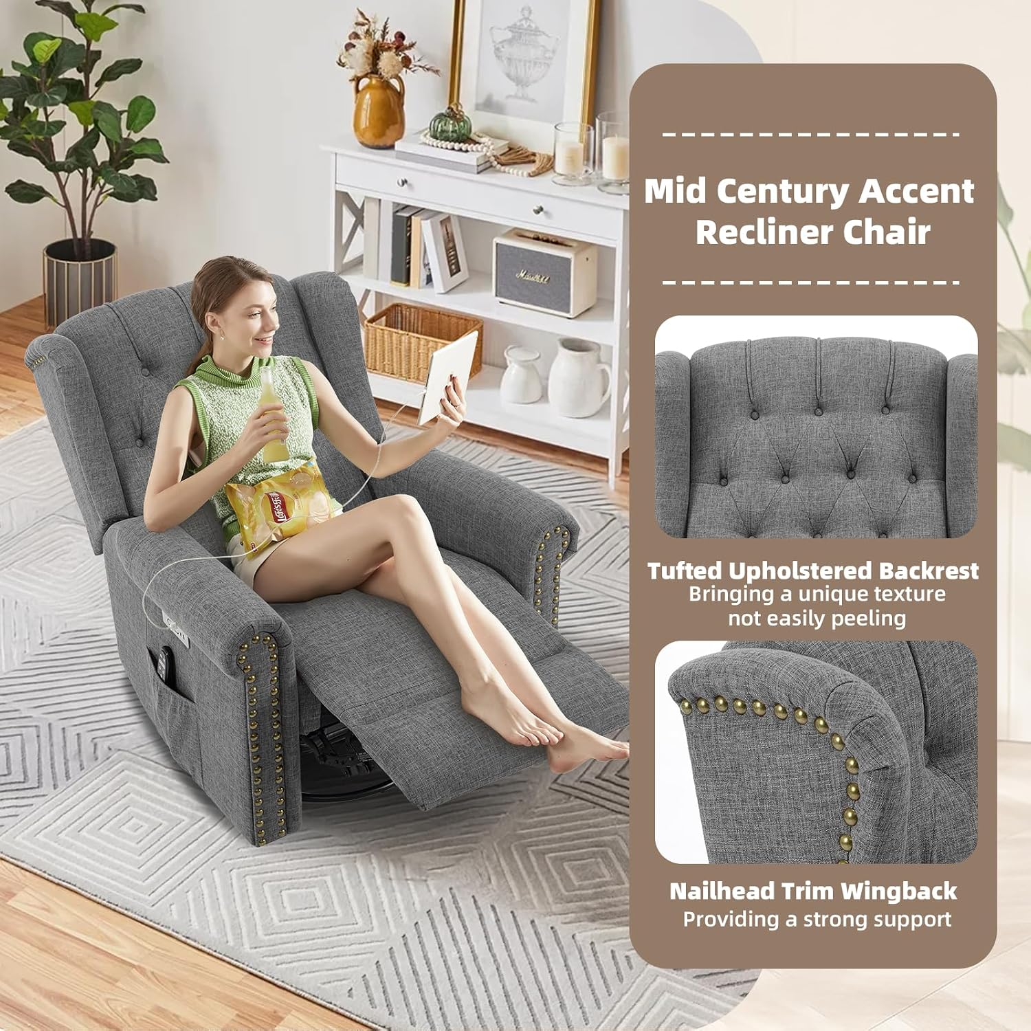 Power Swivel Rocking Glider Recliner Chair with Massage and Heat, Electric Nursery Glider Rocker for Living Room, Wingback Tufted Upholstered Recliner Chair with Type-C & USB Ports, Grey
