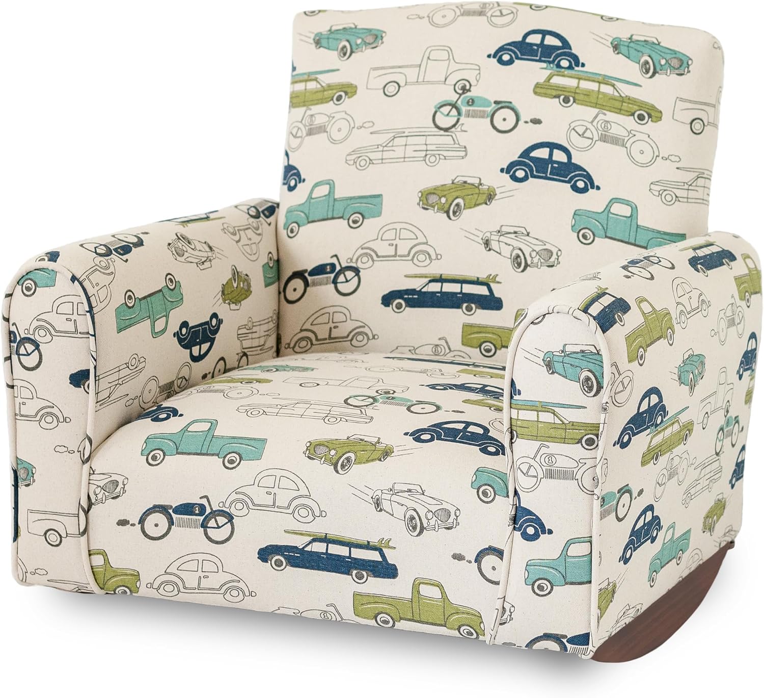 Toddler Personalized Armchair, Kids Upholstered Rocking Chair with Personalization, Toddler Chair with Personalized Name, Comfy Child Armchair, (Cars & Trucks Print, Rockers)