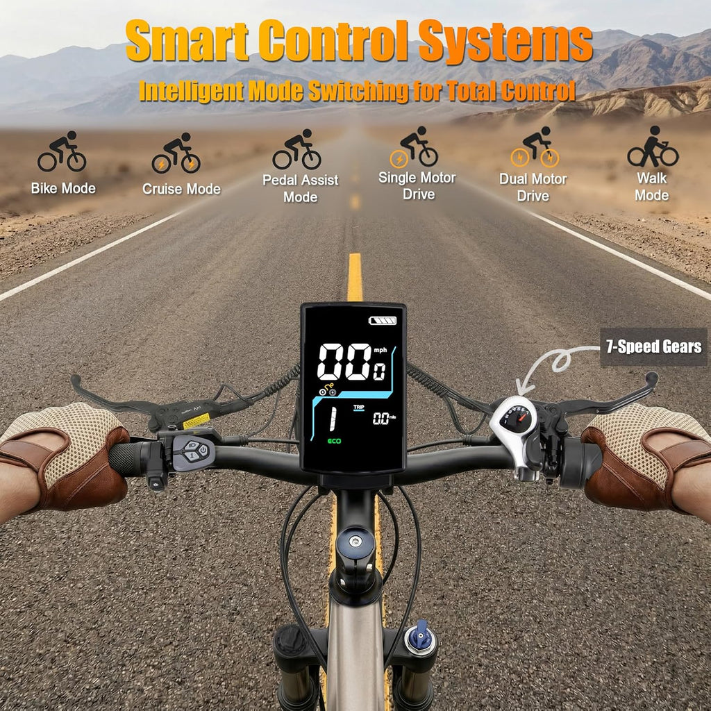 2026 Dual Motor Electric Bike for Adults AWD 5000W/3000W Peak 40 MPH/30 MPH E Dirt Bike, 52V/48V Removable Battery 65/80/150 Miles Max Long Range with Full Suspension 26' Fat Tires Mountain Bike