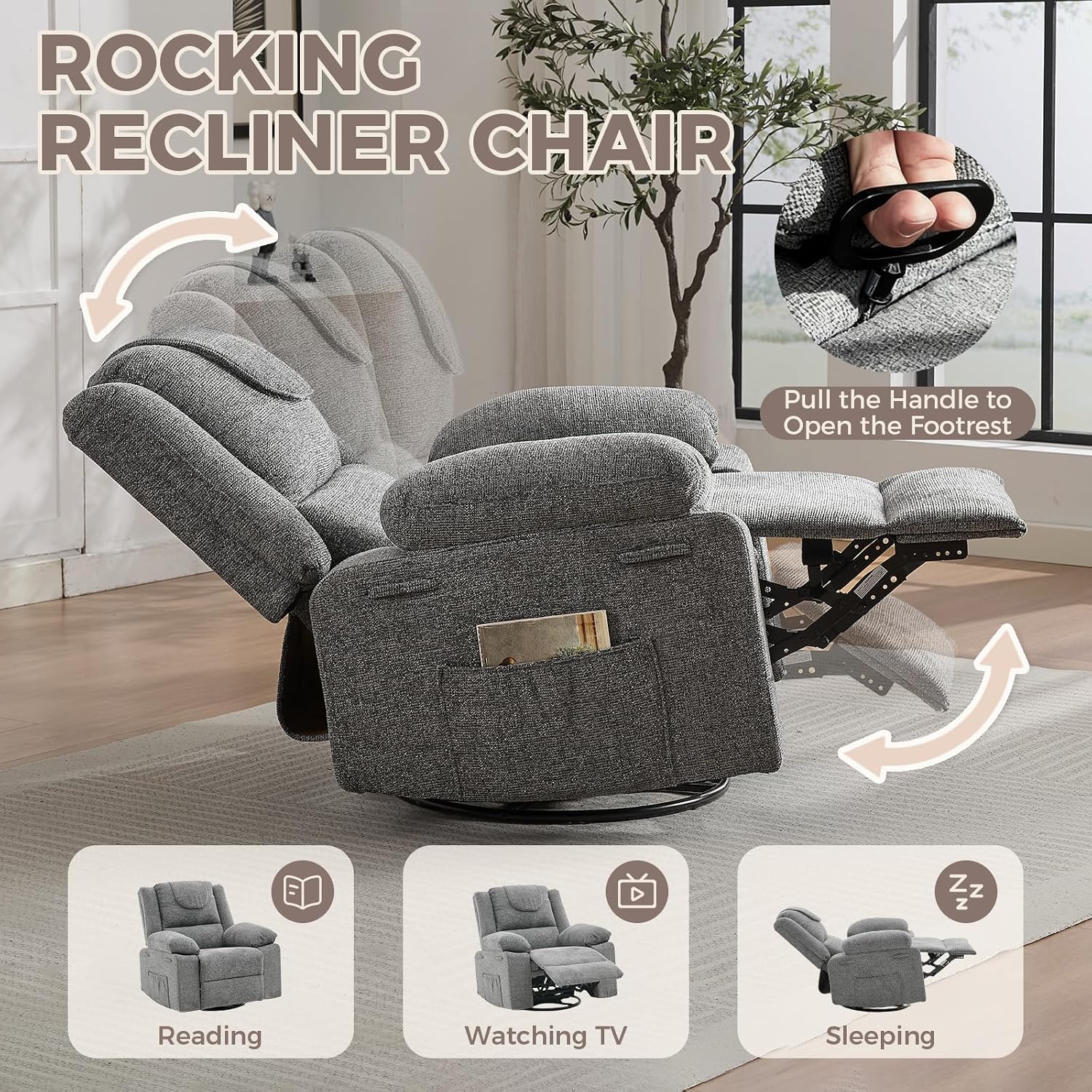 Rocking Nursery Glider Recliner Chair,360° Swivel Rock Recliner Chairs Single Sofa with Vibration Massage and Heating for Living Room/Bedroom,Grey