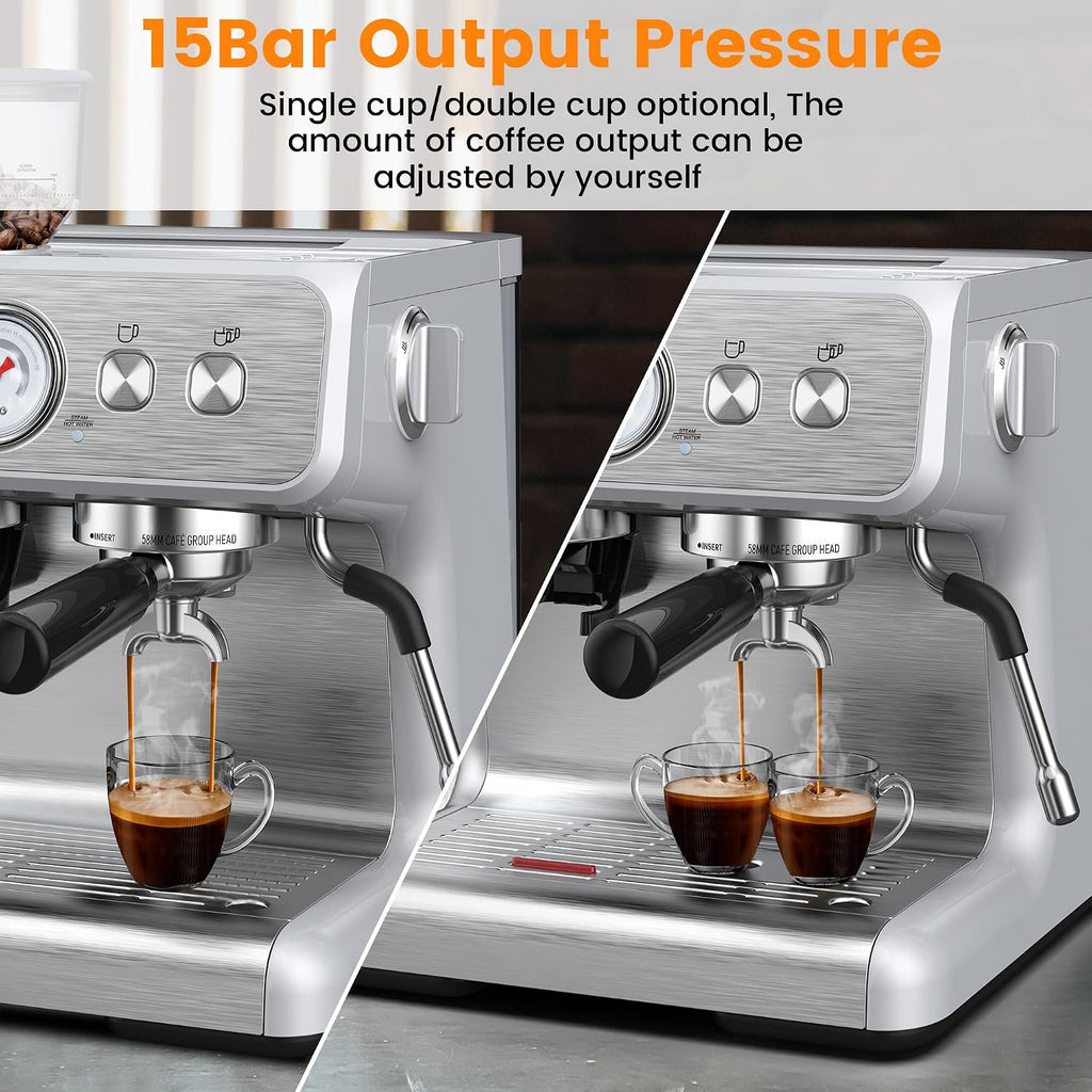 Espresso Machine with Built-in Grinder,Professional 15 Bar Espresso Maker with Milk Frother Steam Wand,Stainless Steel Espresso Coffee Machine with Removable Water Tank for Cappuccino, Latte