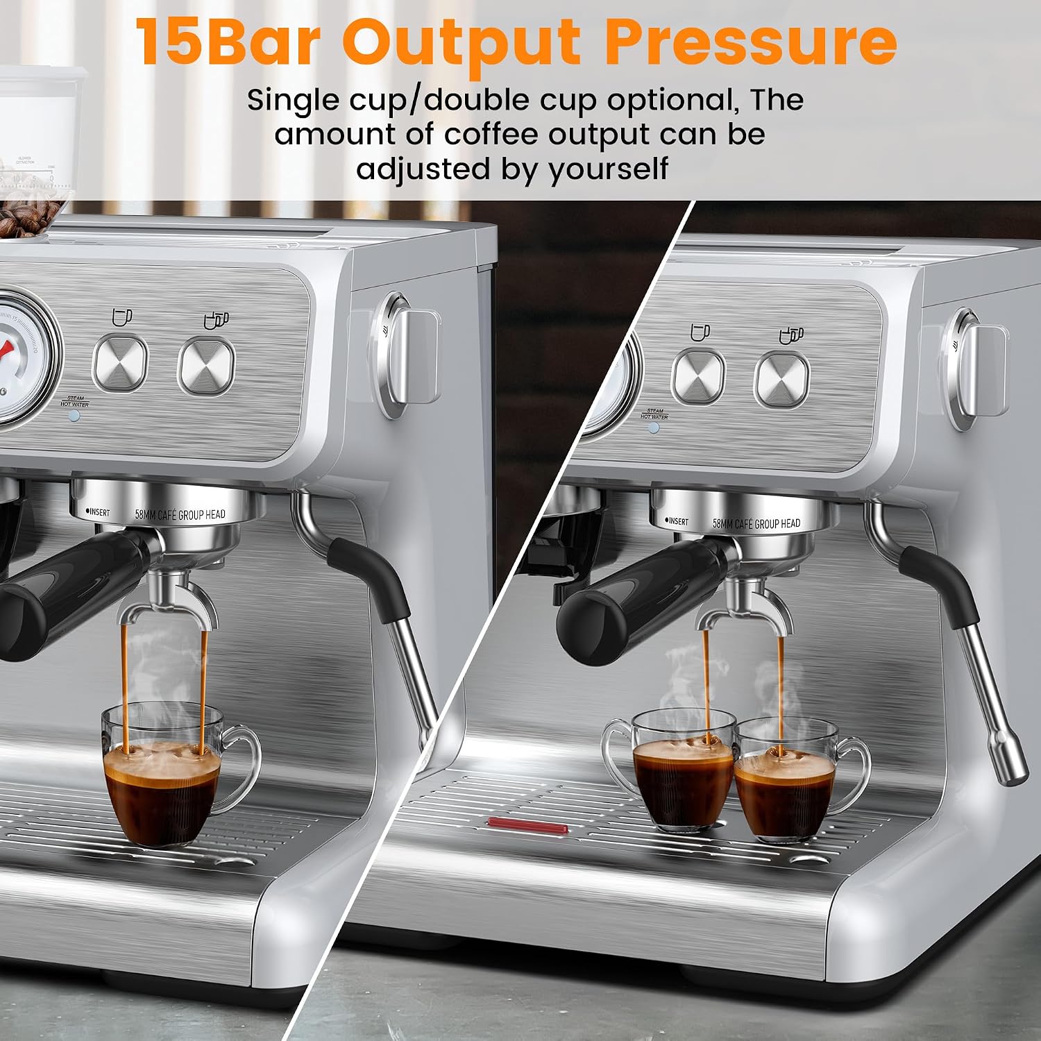 Espresso Machine with Built-in Grinder,Professional 15 Bar Espresso Maker with Milk Frother Steam Wand,Stainless Steel Espresso Coffee Machine with Removable Water Tank for Cappuccino, Latte