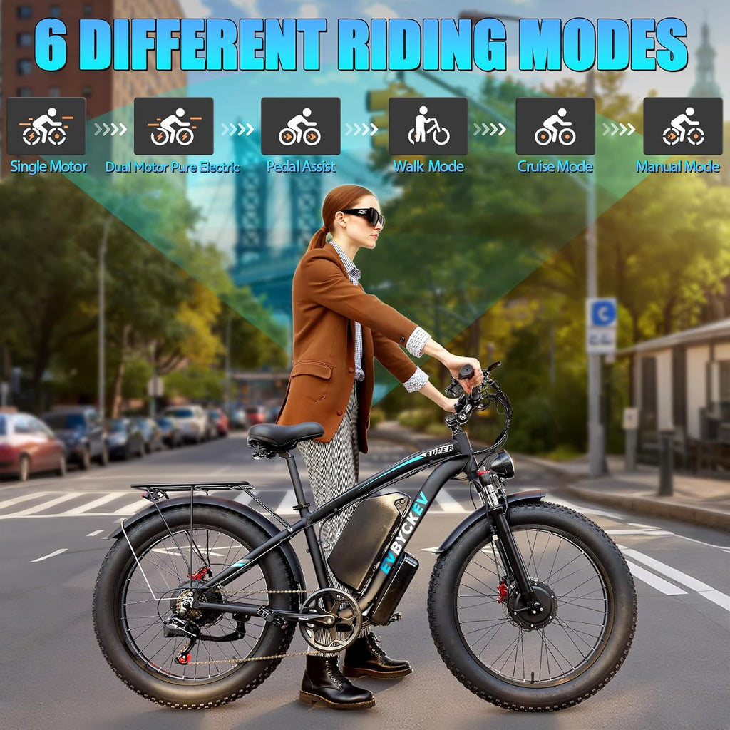 8000W Peak Electric Bike 60V 26Ah Dual Motor Ebike for Adults, 47MPH Up to 100Miles Fast Ebike, 24Inches Fat Tire E Bike,Lockable Suspension Mountain E-bike for Snow Hunting Off-Road Sand Commuter