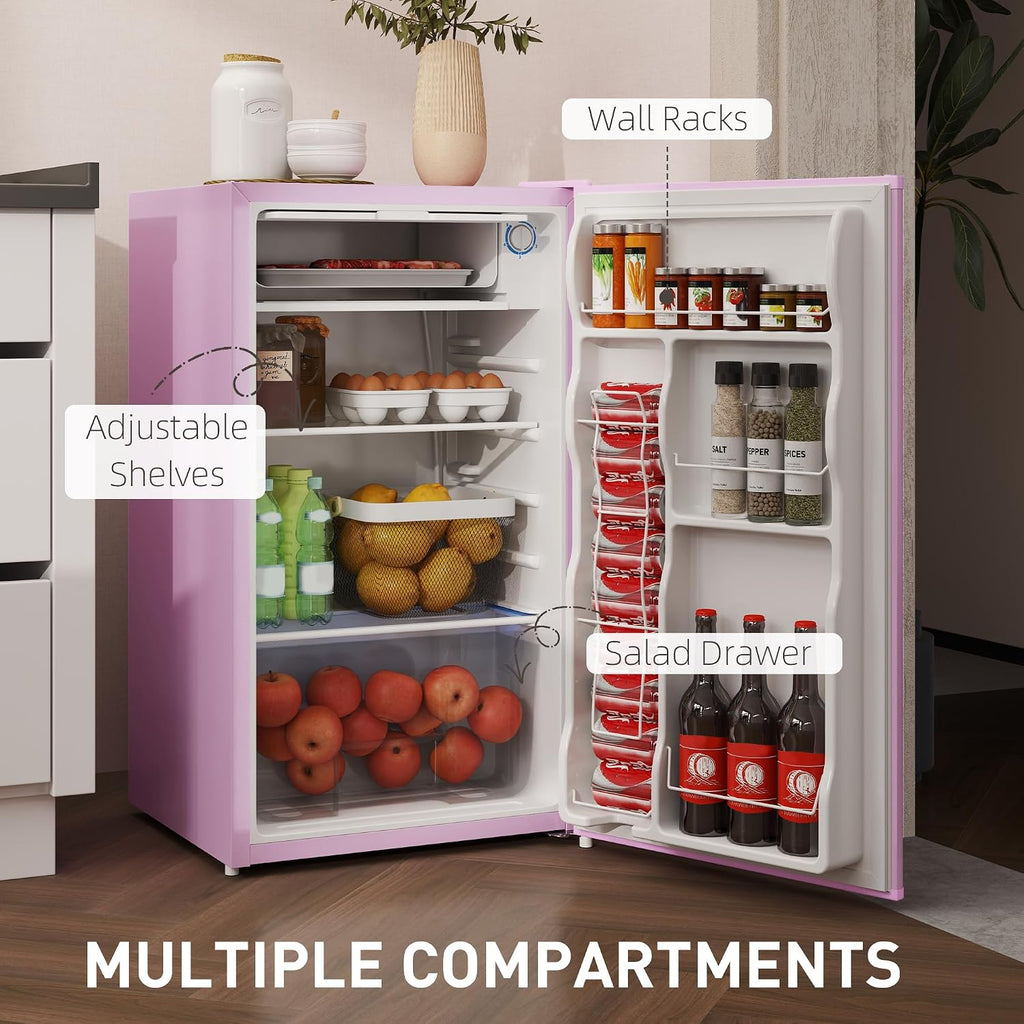 HOMCOM 3.2 Cu.Ft Mini Fridge with Freezer, Compact Refrigerator with Adjustable Thermostat, Shelf and Single Reversible Door for Bedroom, Dorm, Home Office, Energy Efficient, Pink