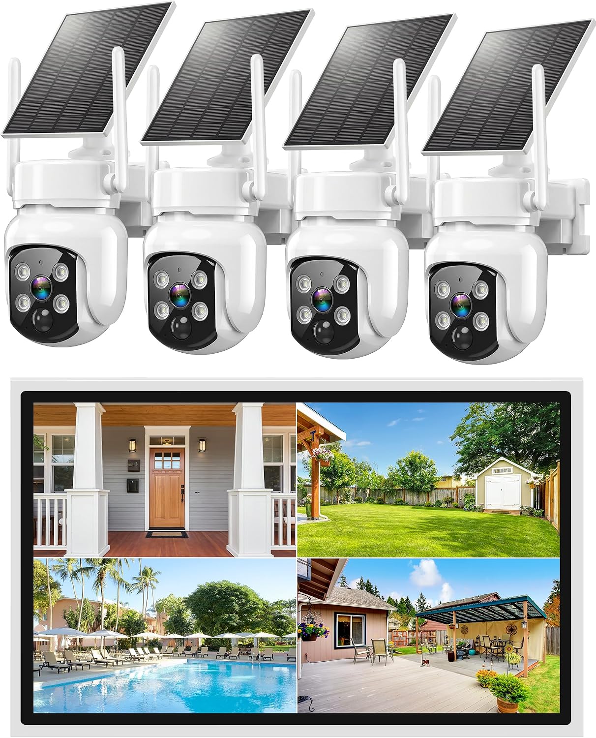 Security Cameras Wireless Outdoor: Solar Powered Auto Tracking with 10'' Monitor 4 Cam-Kit for Homeowners - Remote APP Access 360° Pan 2K Color Night Vision for Front Door, Porch, Backyard
