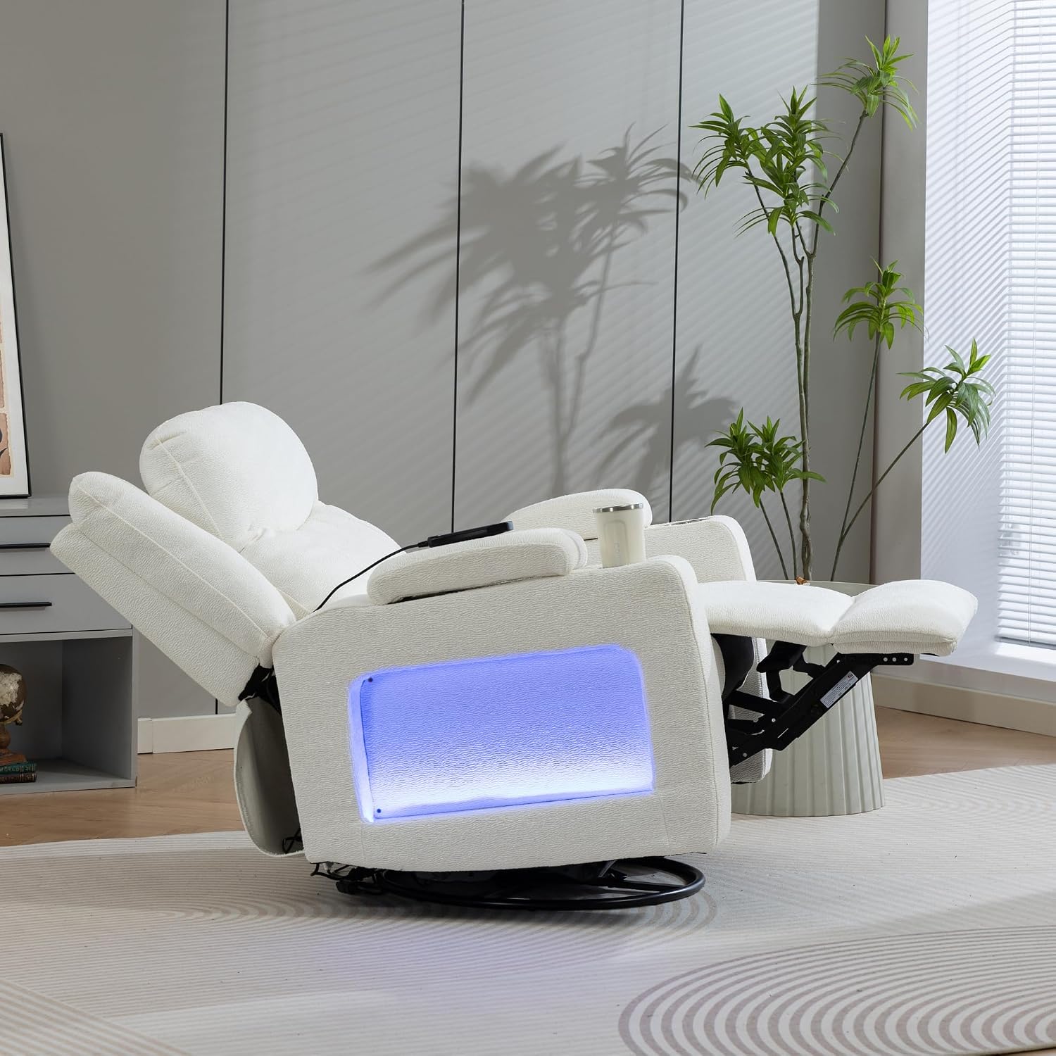 Power Oversized Swivel Rocker Recliner with Dual Motor Adjustable Headrest for Adults, Glider Rocking Chair with Heat Massage, LED Light, USB C Charging, Armrest Storage, Cup Holder
