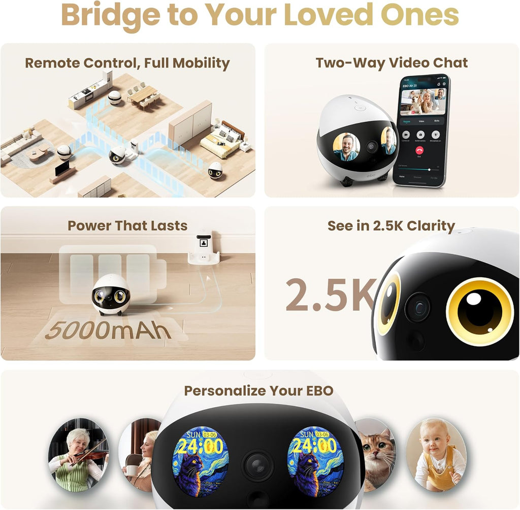 Enabot EBO Air 2S FamilyBot Home Robot Camera: 2.5K Indoor Pet Cam, Movable Robot Camera, 2-Way Video, Auto-Recharge, Long Battery Life, Custom Facial Image, Night Vision