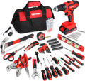 FASTPRO 232-Piece Home Tool Set with Drill, 20V Cordless Drill Driver, Household Repairing Tool Kit with Drill, 12-Inch Wide Mouth Storage Tool Bag Included, Red