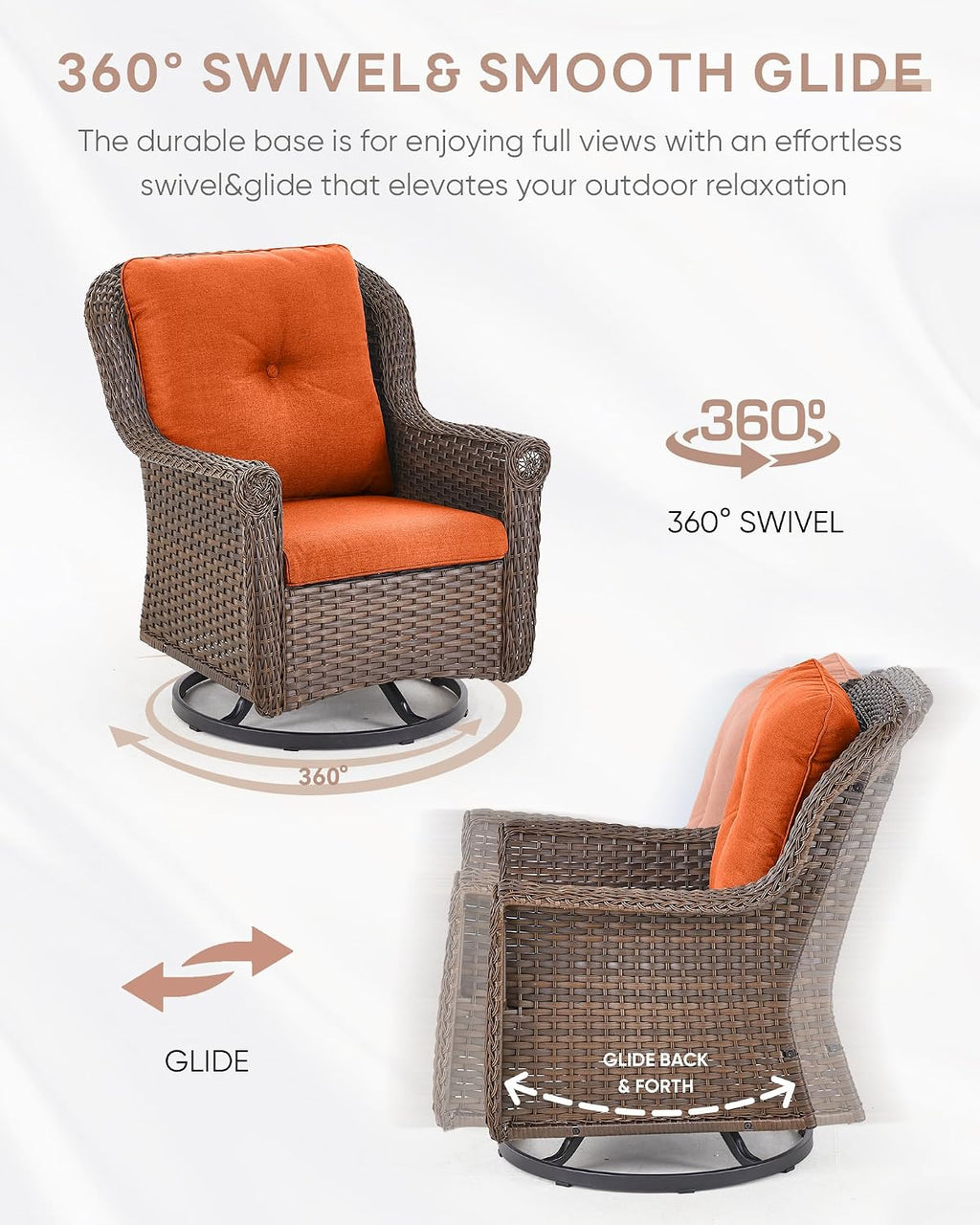 Patio Chairs Outdoor Swivel Glider - Set of 2 High Back Outside Brown Wicker Rattan Rocking Chair with Zippered Cushion for Porch Apartment Deck Yard Poolside Garden - Orange