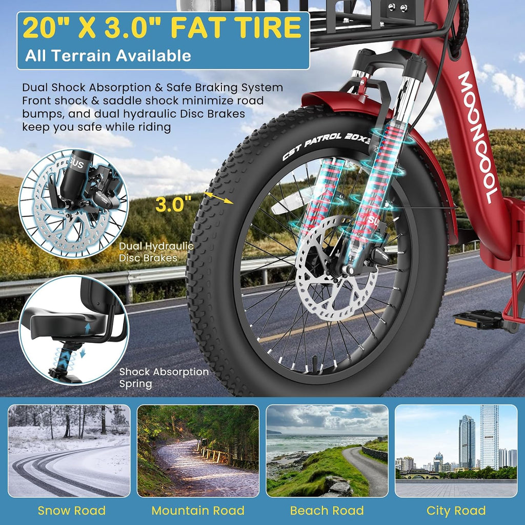 NAIZEA Electric Bike for Adults - 750W(Peak 1100W), 48V 20AH Removable Battery,25MPH Ebike, 20' x 3.0 Fat Tire Electric Bike,3 Wheels Electric Bicycle Bikes with Basket for Women Men, 6-Speed