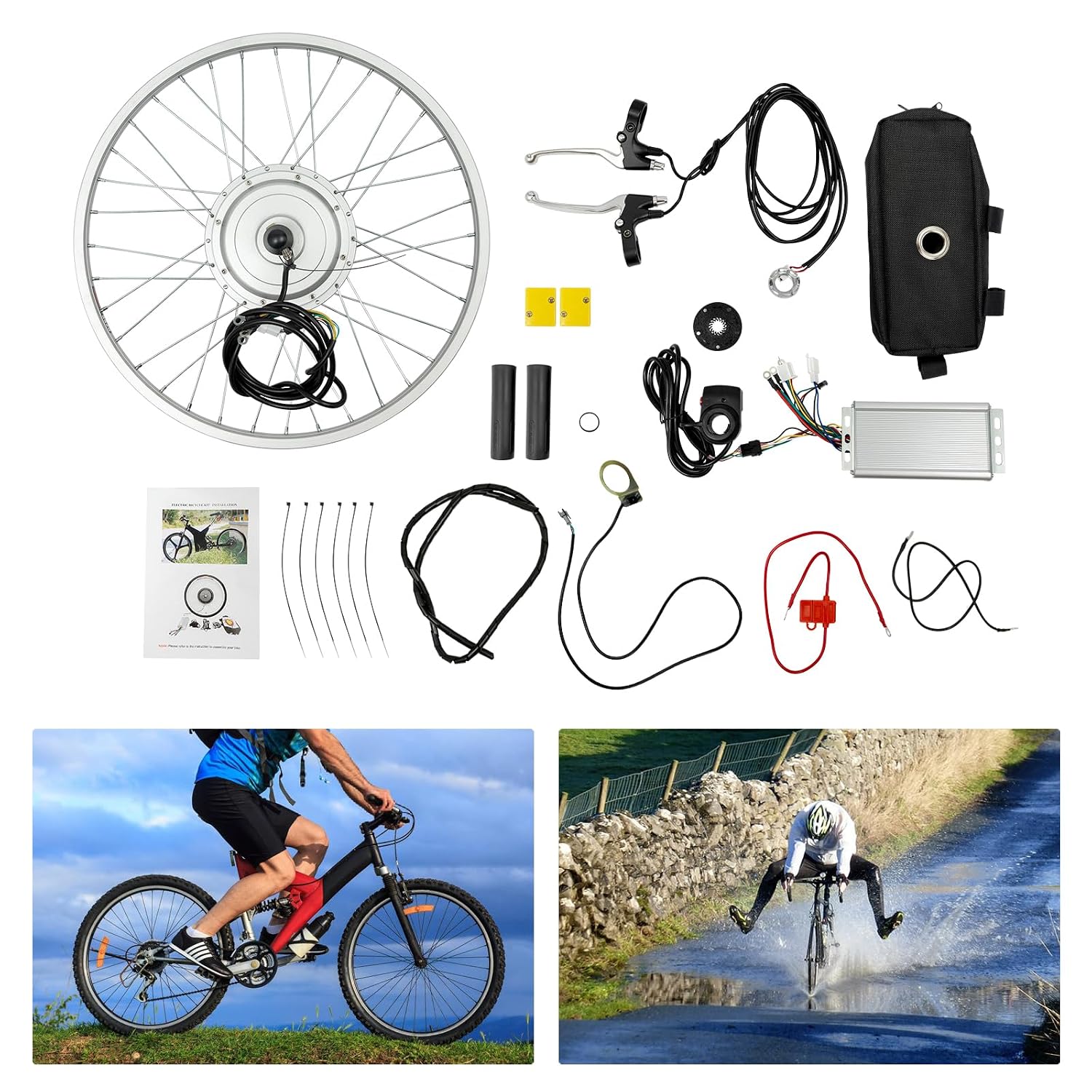 750W 24' Front Wheel E-Bike Hub Motor Conversion Kit, 390PRM Electric Bicycle Conversion Kit with Handbrake & Thumb Hub, E-Bike Hub Motor Conversion Kit for 24' Bicycle Racks & DIY Electric Bicycles