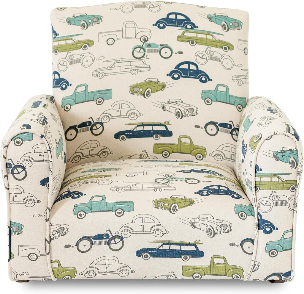 Toddler Personalized Armchair, Kids Upholstered Rocking Chair with Personalization, Toddler Chair with Personalized Name, Comfy Child Armchair, (Cars & Trucks Print, Rockers)