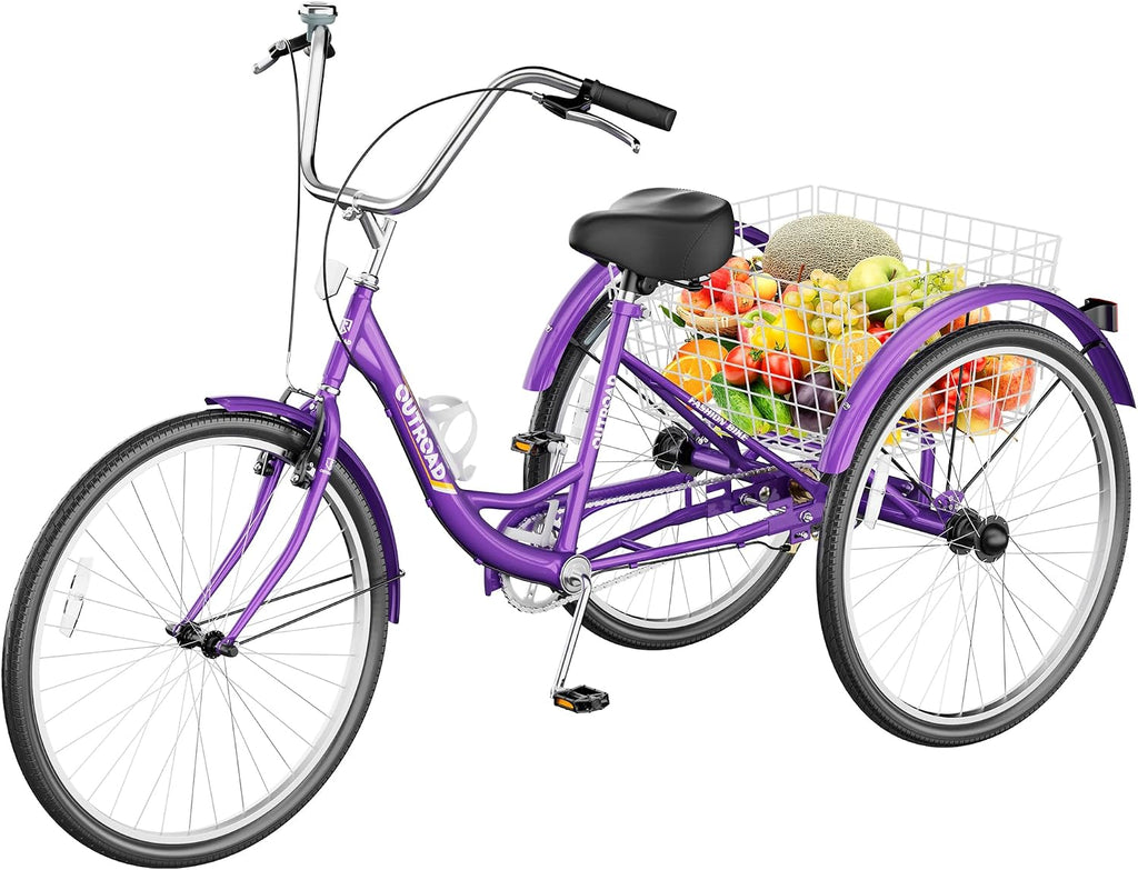 Max4out Adult Tricycle with Large Basket 24/26 Inch, Stable 3 Wheel Cruise Bicycle for Shopping, Beach and City Trike Perfect for Men, Women, Seniors（Blue/Purple/Red）