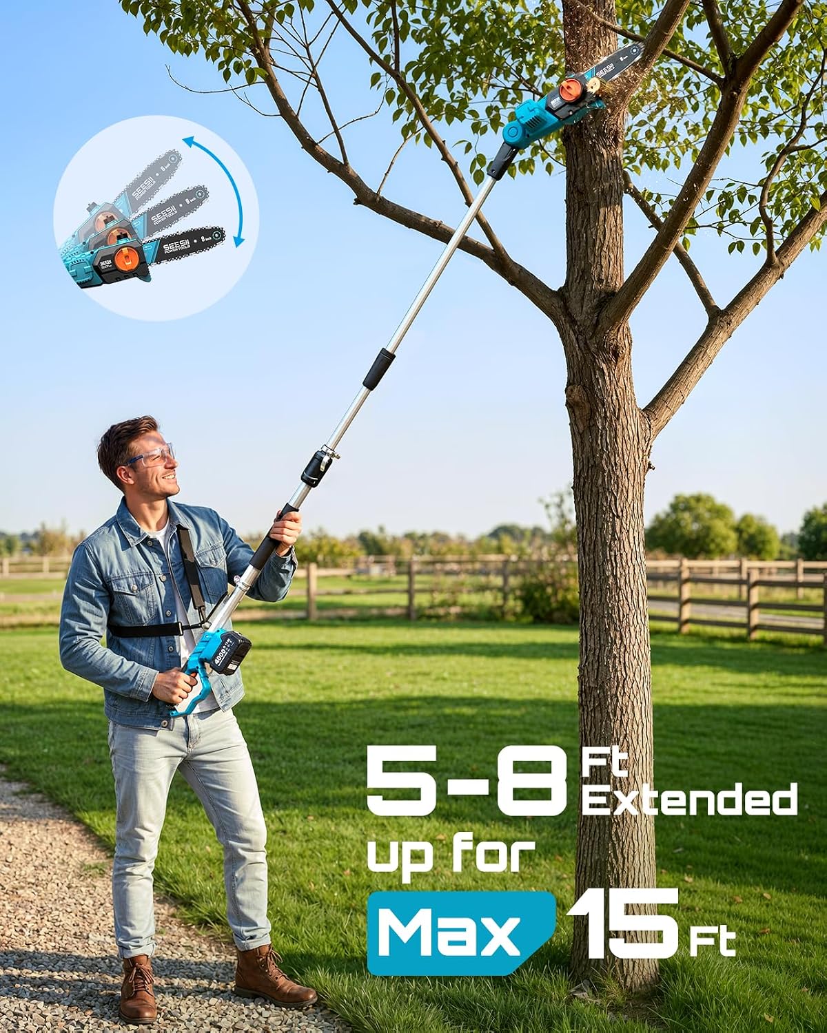 SEESII 8-Inch Electric Pole Saws: 21V Cordless Pole Saws for Tree Trimming, 15-Foot Max Reach, Auto Oiling, Tree Trimmer with 2x4000mAh Battery & Fast Charger, Tree Saw Ideal for Pruning Branches
