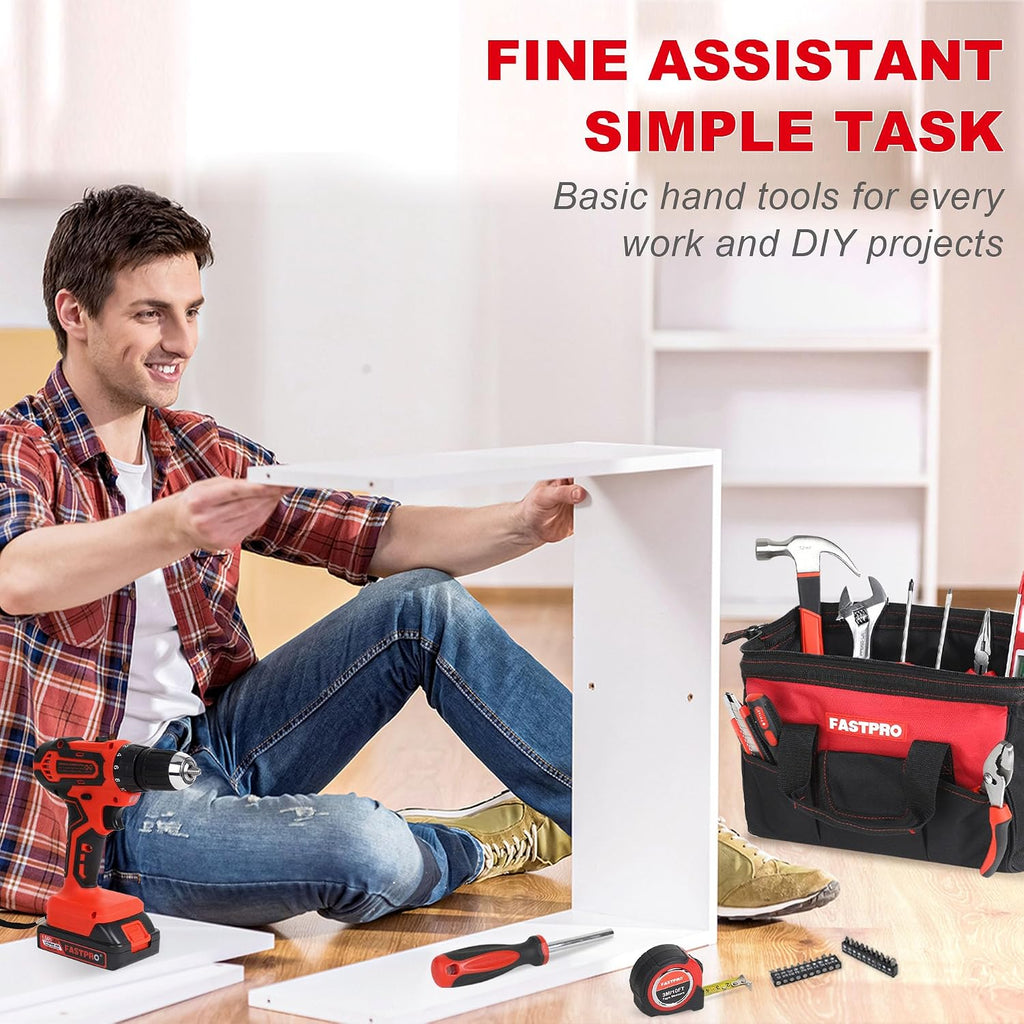 FASTPRO 232-Piece Home Tool Set with Drill, 20V Cordless Drill Driver, Household Repairing Tool Kit with Drill, 12-Inch Wide Mouth Storage Tool Bag Included, Red
