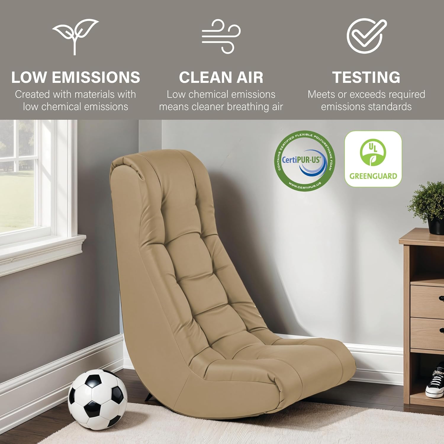 FDP Tufted Floor Rocker for Kids, Teens and Adults Comfortable, Ergonomic Chair for Reading, Playing Video Games, or Watching TV - Sand, 10488-SD