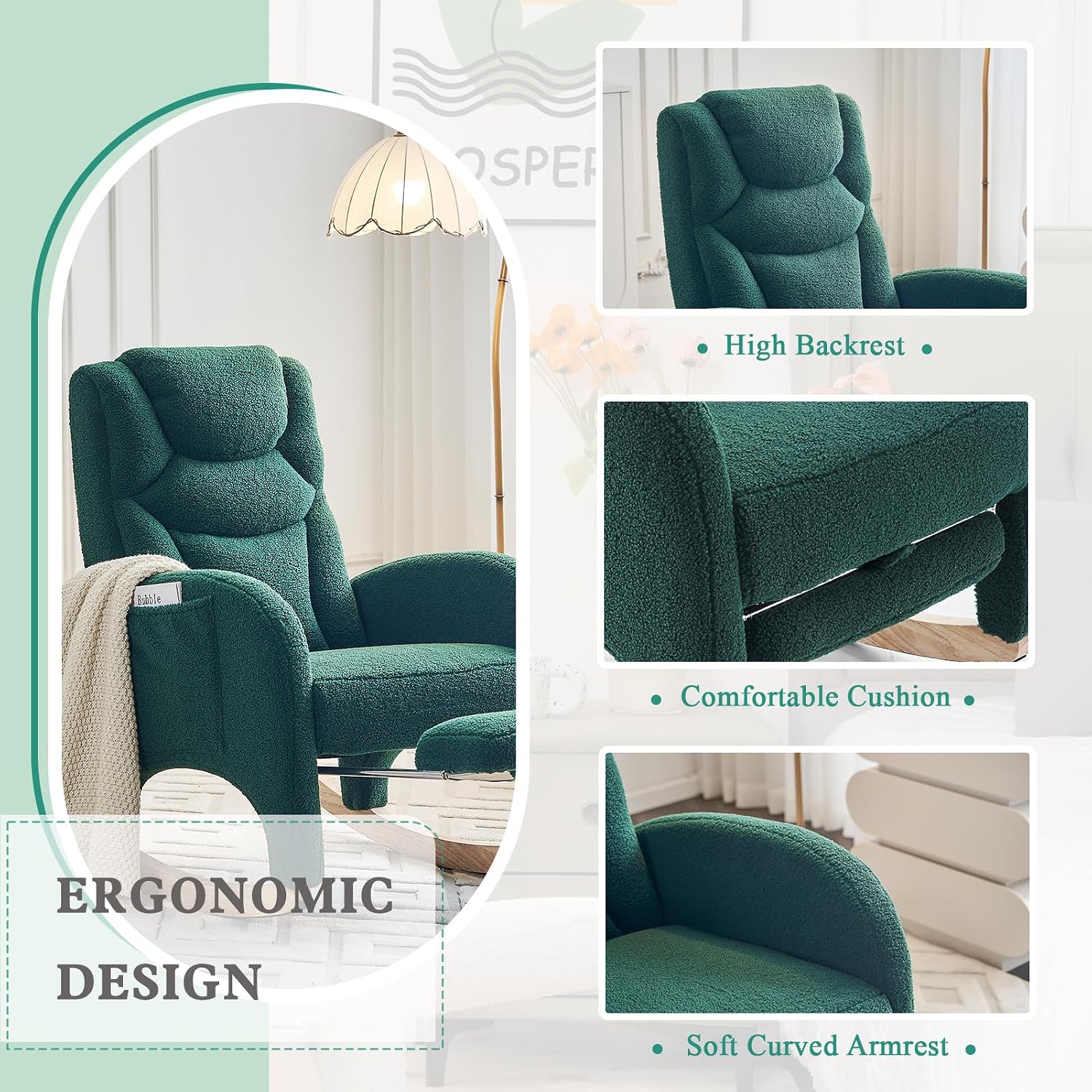 Rocking Chair Nursery with Foot Rest,Upholstered Teddy Glider Rocker with Wood Legs, Nursing Rocking Chair for Living Room/Nursery,Green
