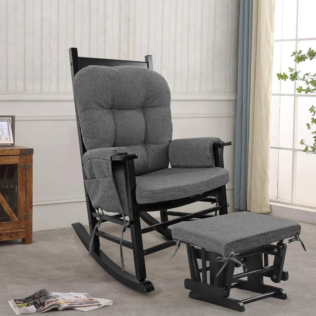 BUYUE Glider Rocker Replacement Cushion 5 PCS with Ties, Linen High-Density Foam Non-Slip & Washable Rocking Chair Pads for Sitting,Gray
