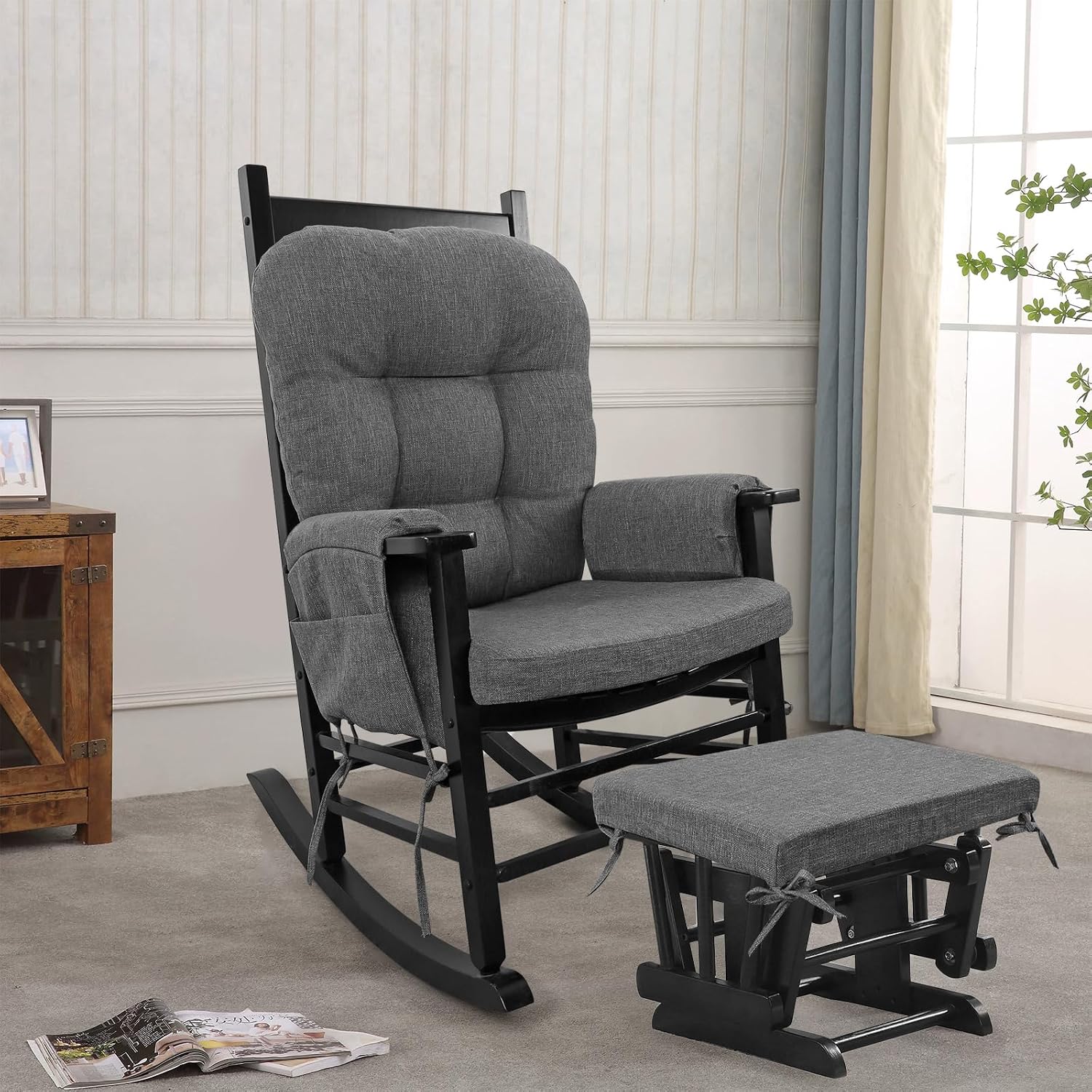 BUYUE Glider Rocker Replacement Cushion 5 PCS with Ties, Linen High-Density Foam Non-Slip & Washable Rocking Chair Pads for Sitting,Gray
