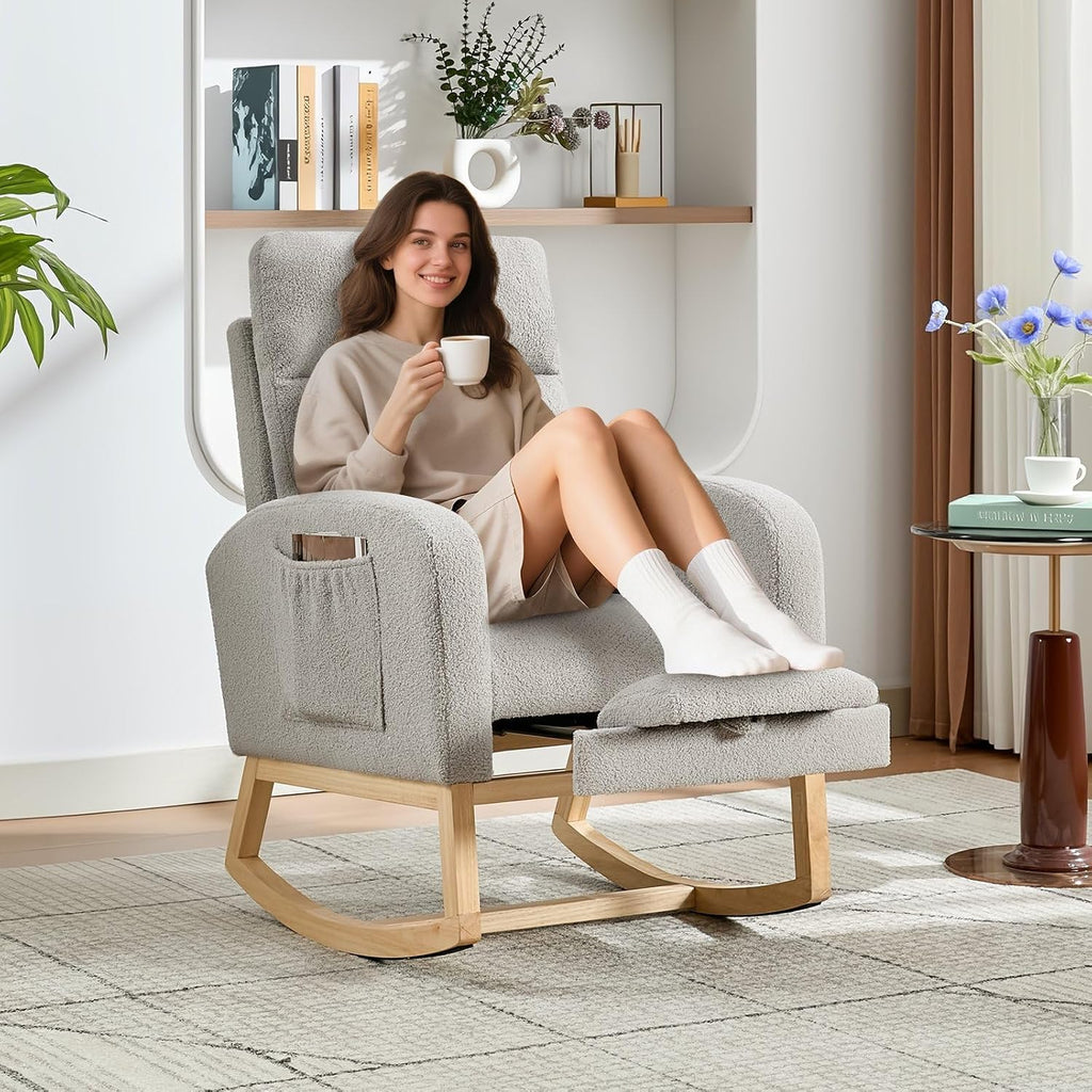 Teddy Fabric Nursery Rocking Chair with Adjustable Footrest, Two Side Pockets & Solid Wooden Legs - High Backrest Comfortable Lounge Armchair for Nursery, Living Room, Bedroom,Gray.