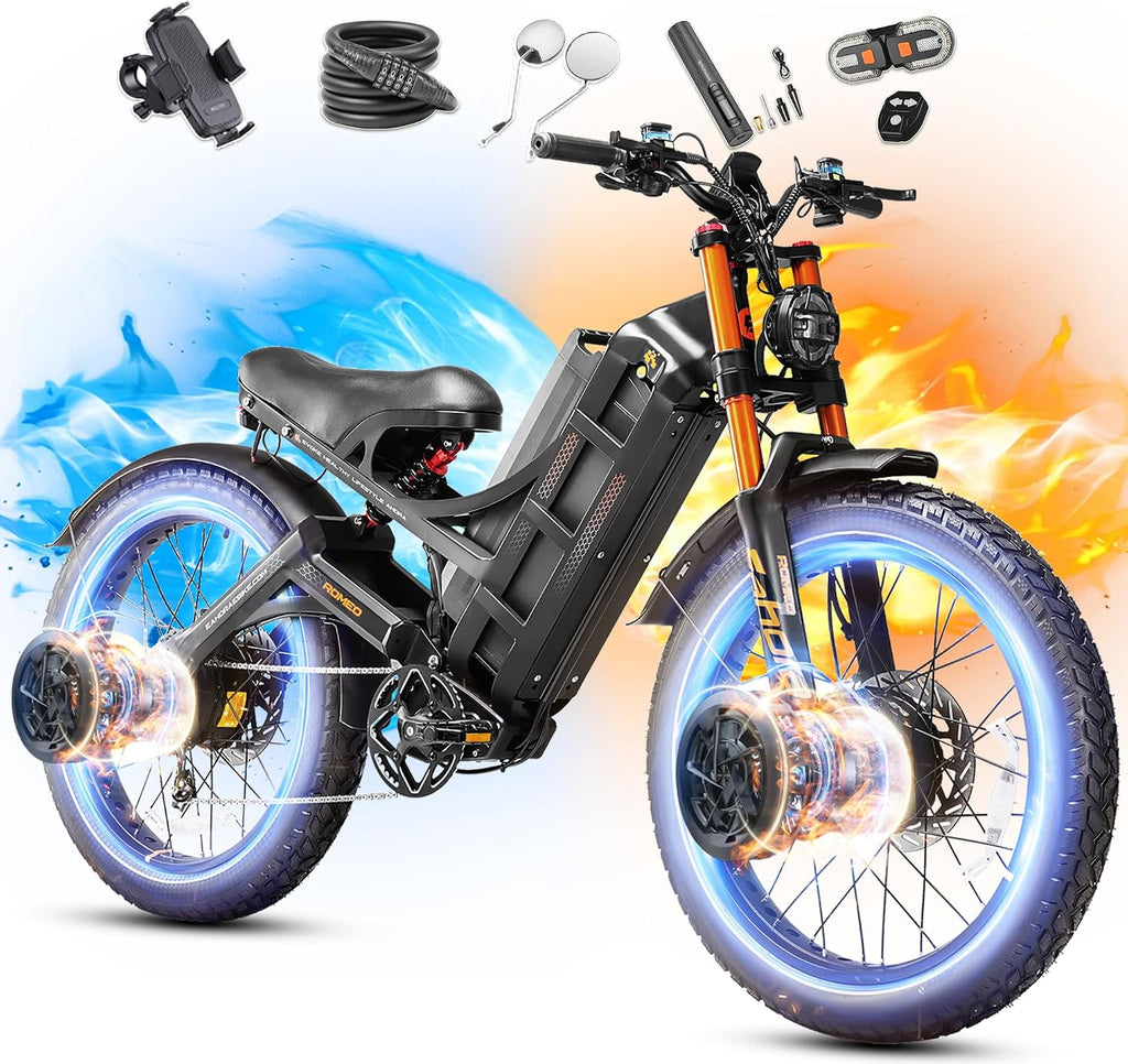 eAhora 2026 Romeo Pro3/2 50/46Mph Ebike 5600/4000W Dual Motor 200+Miles Electric Bike for Adults, 52V/70Ah 60V/80Ah Long Range 26 * 4.0' Fat Tire Full Suspension Electric Mountain Bike