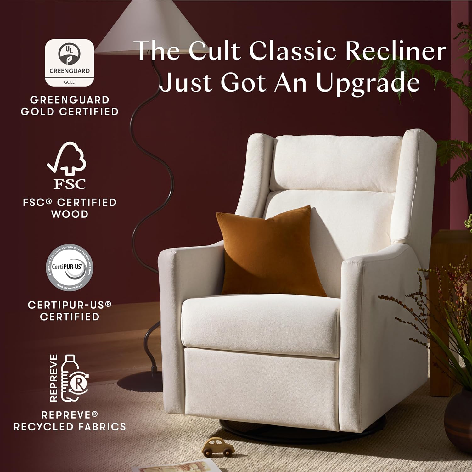 Babyletto Kiwi Plus Power Recliner and Swivel Glider with Power Headrest and USB Port in Performance Cream Eco-Weave, Water Repellent & Stain Resistant, Greenguard Gold and CertiPUR-US Certified