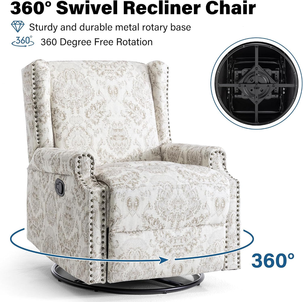 Lumibee Swivel Rocker Recliner Chairs, Printed Fabric Swivel Glider Rocking Chair with High Back, Upholstered Deep Seat Wingback Recliner Chair for Living Room Bedroom, Beige