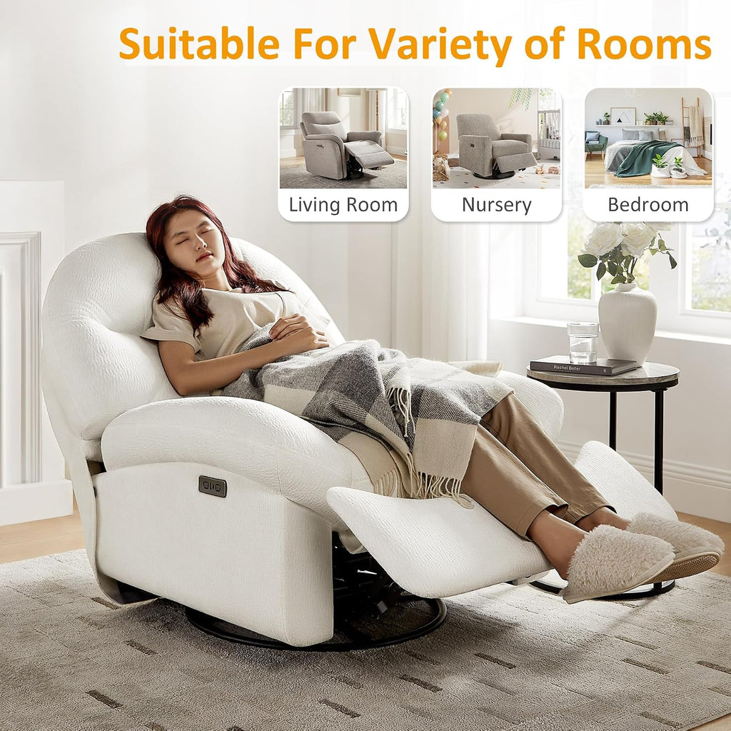 VANOMi Power Recliner Chair with USB & Type-C Charging, 270° Swivel Glider Rocker, Electric Nursery Recliner for Living Room, Bedroom, and Office, White