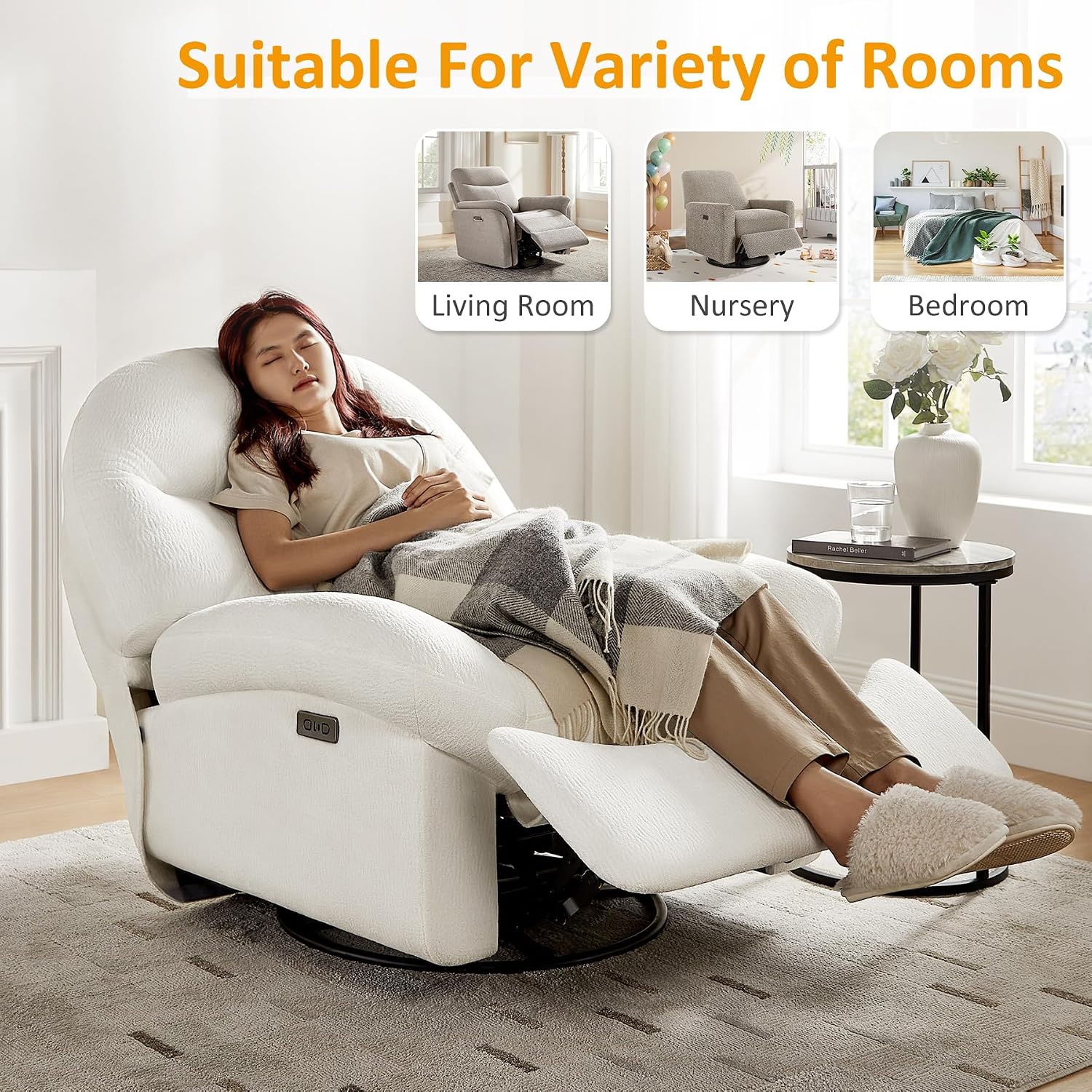 VANOMi Power Recliner Chair with USB & Type-C Charging, 270° Swivel Glider Rocker, Electric Nursery Recliner for Living Room, Bedroom, and Office, White