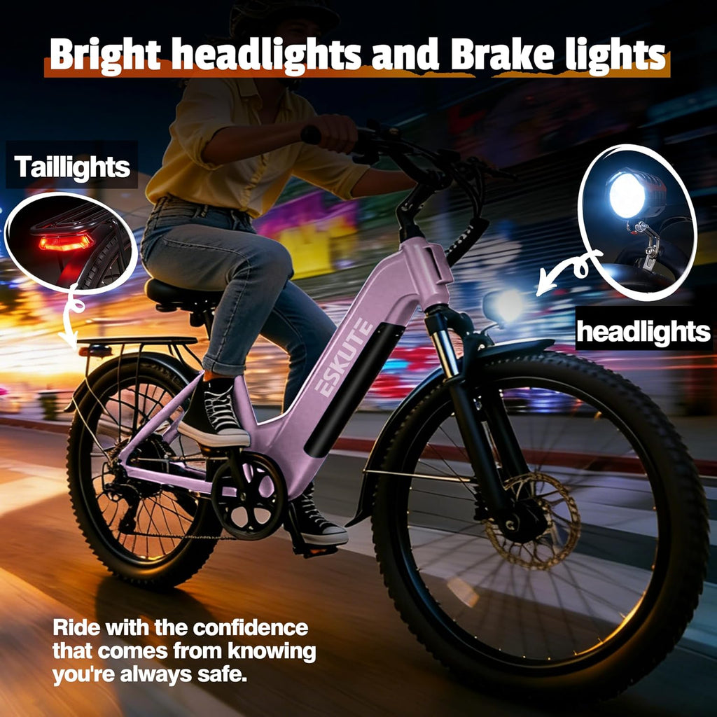 ESKUTE Electric Bike for Adults-1300w Peak Ebike, 28MPH Step Thru Electric Bicycle，70Miles 840 WH Removable Battery e-Bike, 7-Speed 26'' tire, Adjustable Stem,