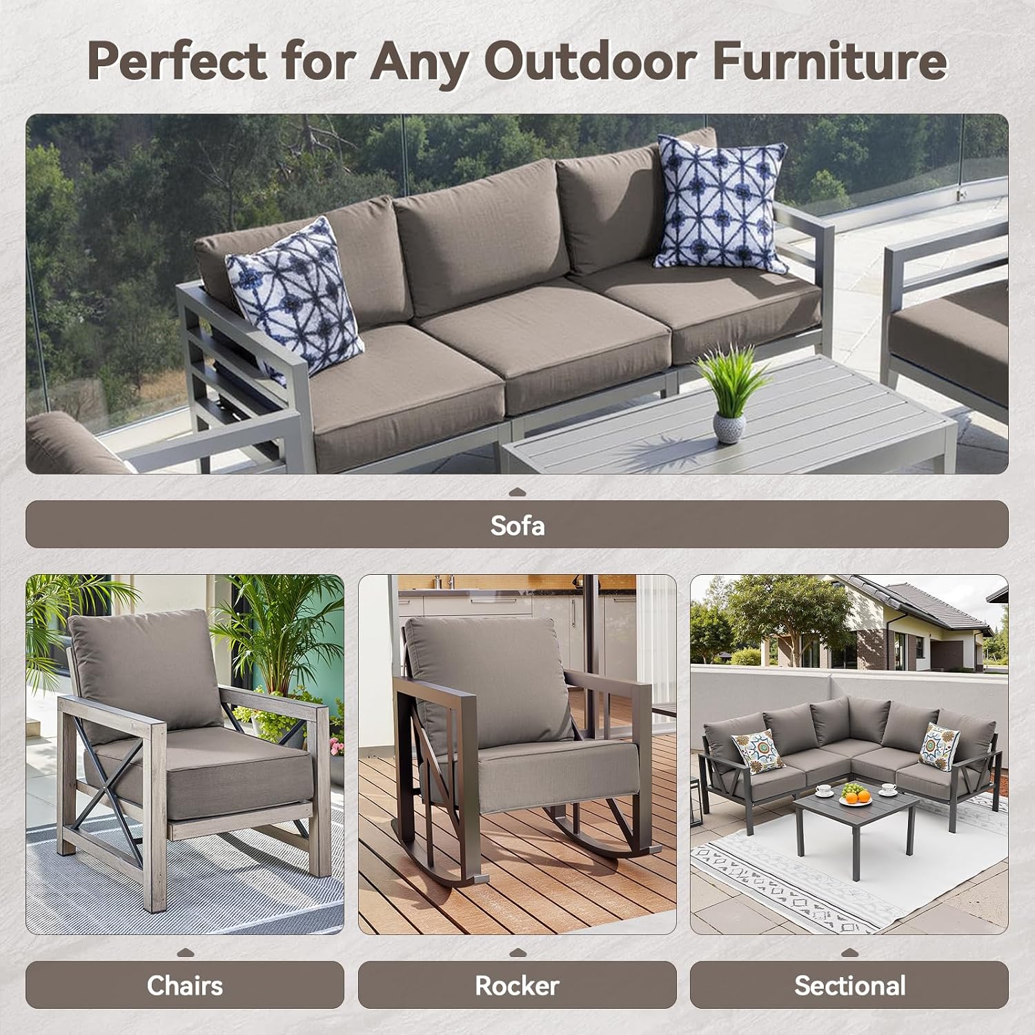 Luxury 6' Outdoor Cushions for Patio Furniture, 24x24x6' Thick Seat Cushion Set of 6, Fade Resistant Couch Chair Replacement Cushions High Density Deep Wicker Chair Cushion w/ Removable Cover Gray
