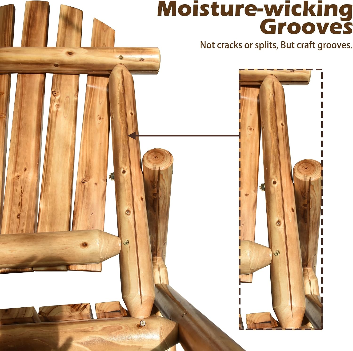 DJL Adirondack Wooden Chair Outdoor Patio Lounge Log Cabin Furniture Rustic Solid Wood Comfortable Seating for Porch, Balcony, Lawn, Fire Pit, Deck, 42.12 Inches Tall, Lightly Toasted