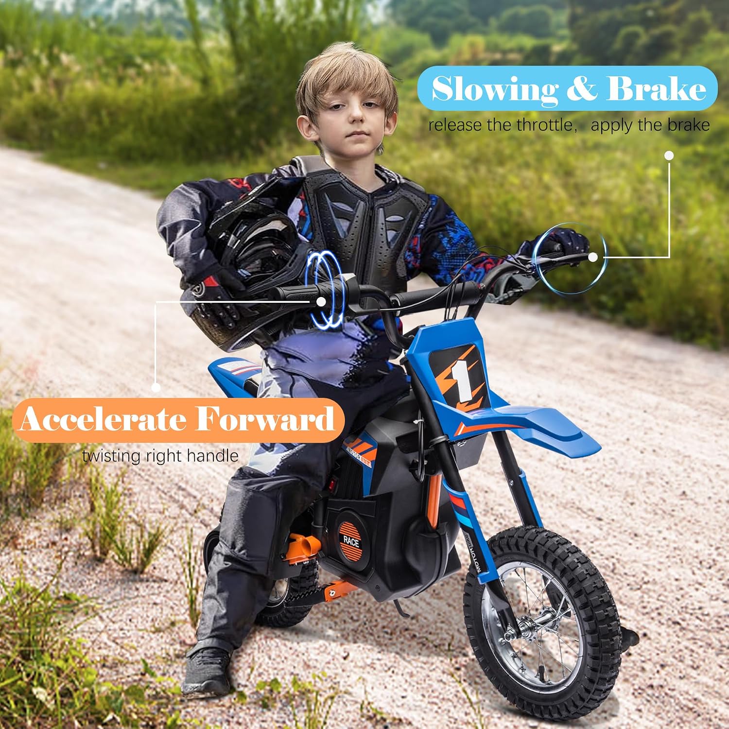 24V Electric Dirt Bike for Kids, 250W Strong Motor 13.6MPH Fast Speed Electric Off-Road Motorcycle, Mini Dirt Bike with Rear Wheel Suspension, Chain-Driven, Leather Seat, Disc Brake, Blue
