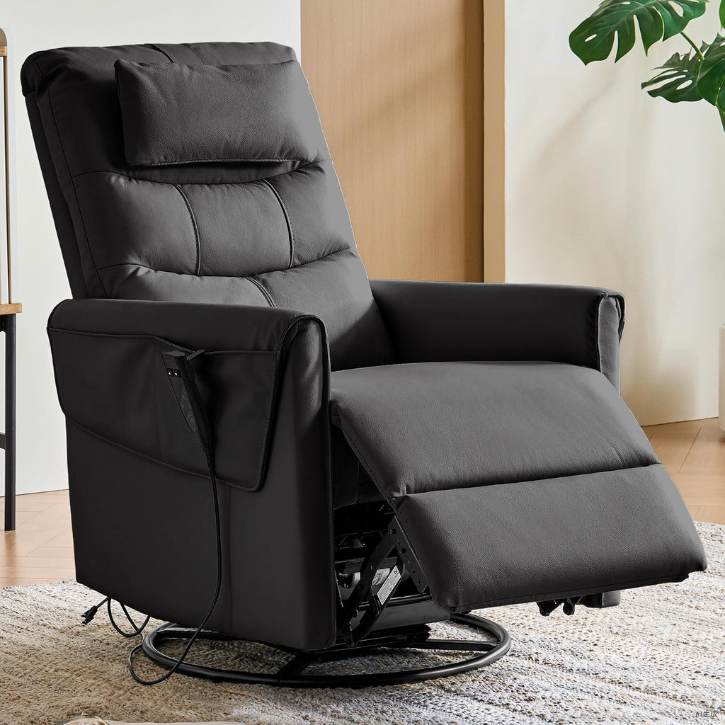 AIRSKY Genuine Leather Power Rocker Recliner Chair, Italian Water-Washing Process, Rocking Chair Nursery,Swivel Rocker Recliner Nursery Glider, Small Recliners for Small Spaces, Black, P1