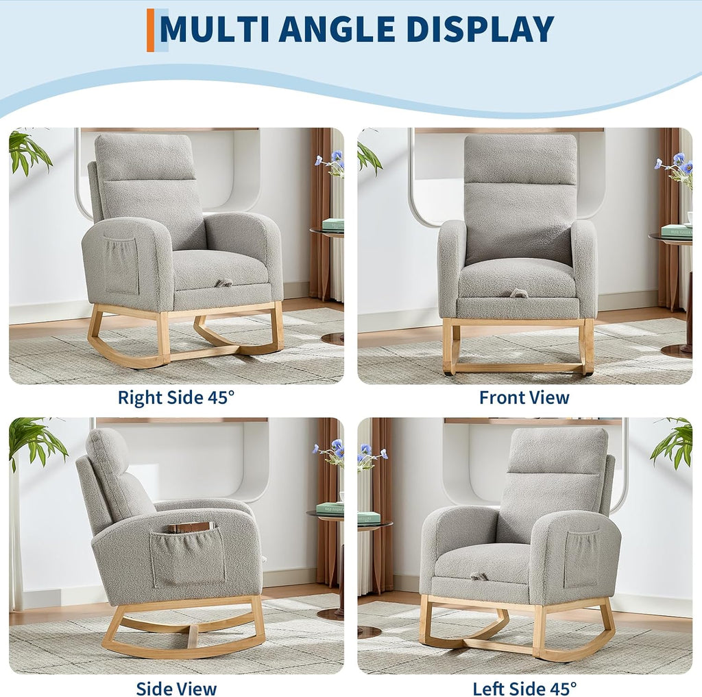 Modern Nursery Rocking Chair, Teddy Upholstered Rocking Chair with Footrest, Comfortable Rocker Recliner with Side Pocket, Rocker Glider for Living Room, Bedroom, Nursing Room