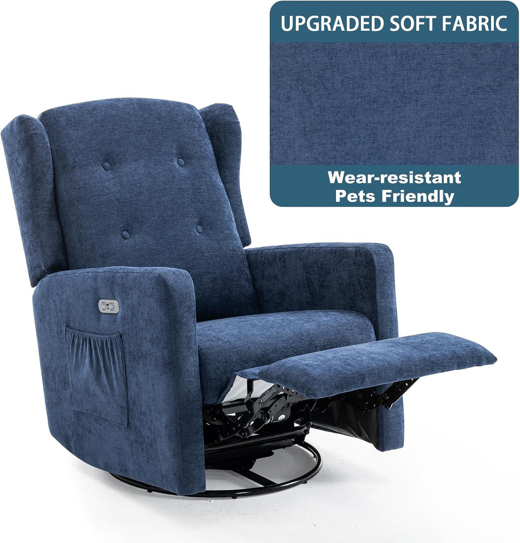 Ketaiyou Power Swivel Rocking Recliner Chair, Electric Rocker Nursery Glider Chair, USB and Type-C Ports, Upholstered Fabric Reclining Single Sofa Chair for Living Room (Blue)